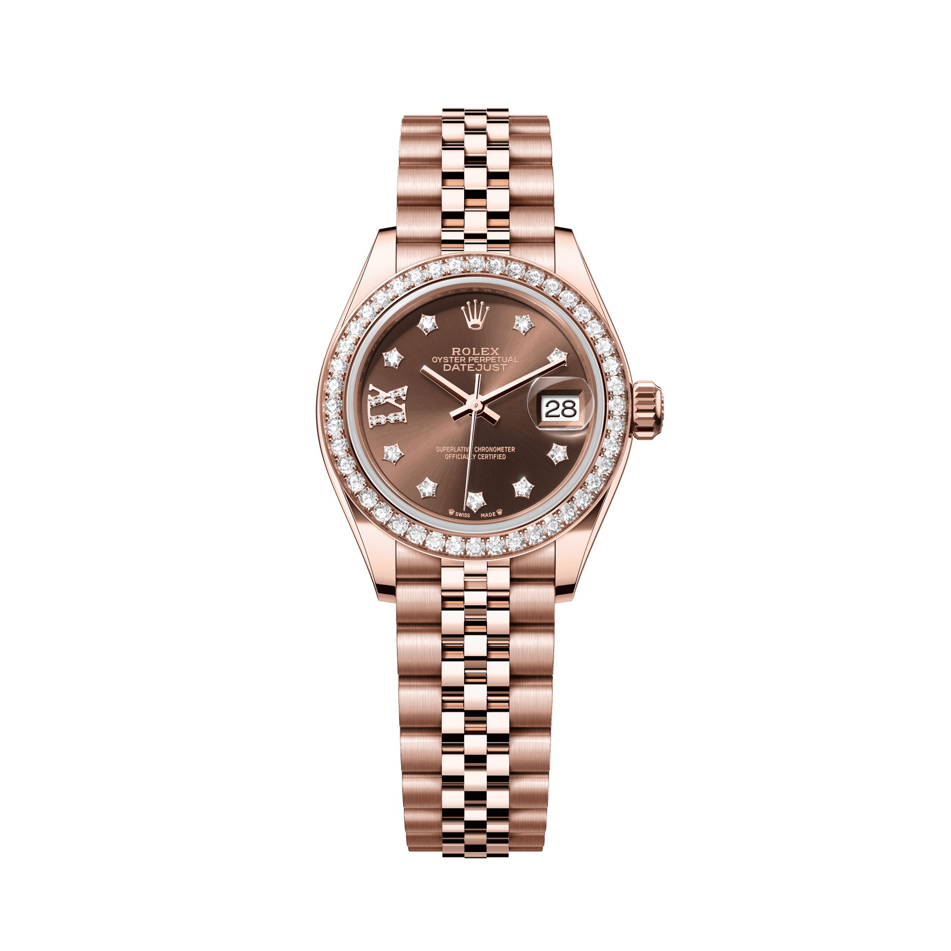 Rolex Oyster 28 mm Chocolate Set With Diamonds Dial 18 kt Everose Gold Jubilee 279135rbr-0002 - WATCHXNYC