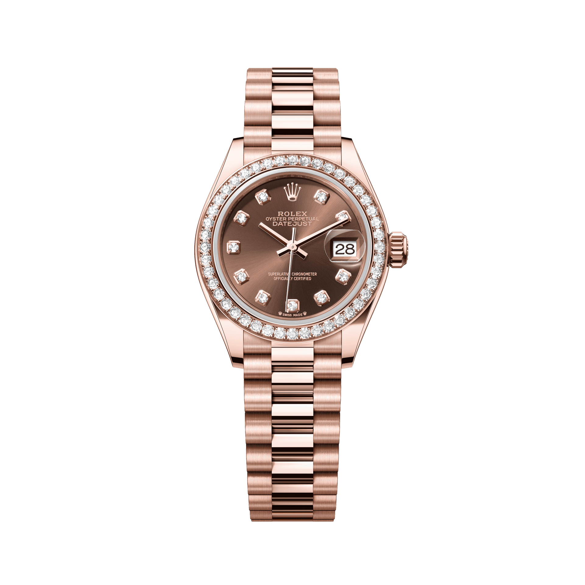 Rolex Oyster 28 mm Chocolate Set With Diamonds Dial 18 kt Everose Gold President, Semi-Circular Three-Piece Links 279135rbr-0017 - WATCHXNYC