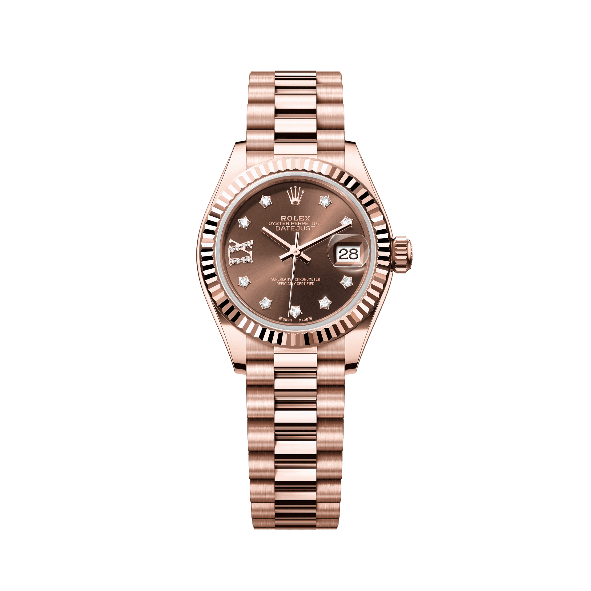 Rolex Oyster 28 mm Chocolate Set With Diamonds Dial 18 kt Everose Gold President, Semi-Circular Three-Piece Links 279175-0002 - WATCHXNYC