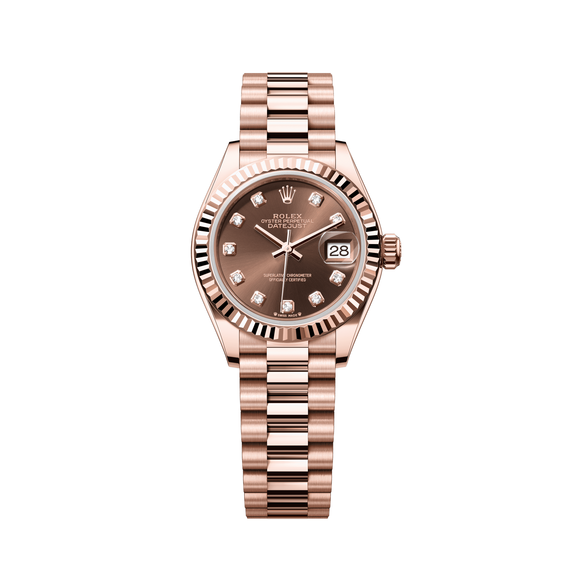 Rolex Oyster 28 mm Chocolate Set With Diamonds Dial 18 kt Everose Gold President, Semi-Circular Three-Piece Links 279175-0016 - WATCHXNYC