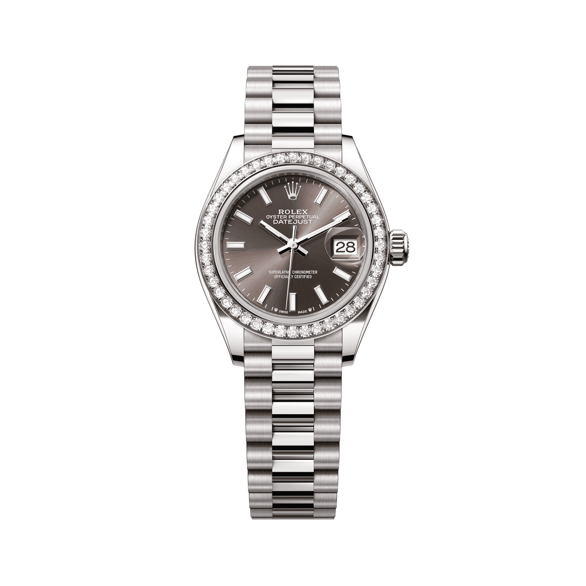 Rolex Oyster 28 mm Dark Grey Dial 18 kt White Gold President, Semi-Circular Three-Piece Links 279139rbr-0009 - WATCHXNYC