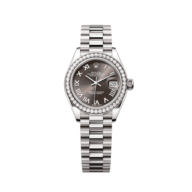 Rolex Oyster 28 mm Dark Grey Dial 18 kt White Gold President, Semi-Circular Three-Piece Links 279139rbr-0010 - WATCHXNYC
