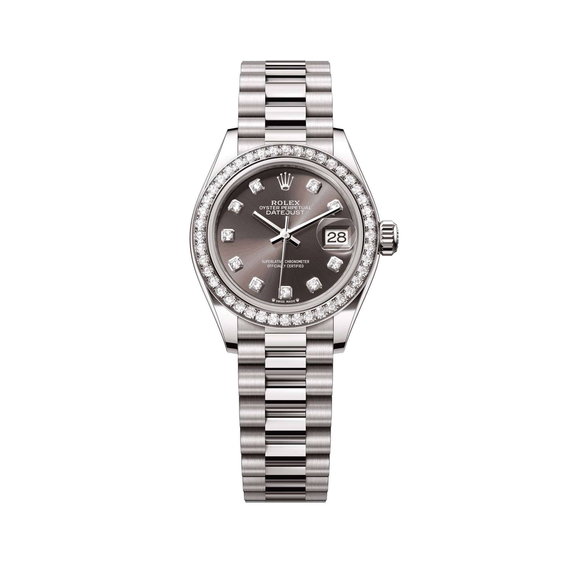 Rolex Oyster 28 mm Dark Grey Set With Diamonds Dial 18 kt White Gold President, Semi-Circular Three-Piece Links 279139rbr-0011 - WATCHXNYC