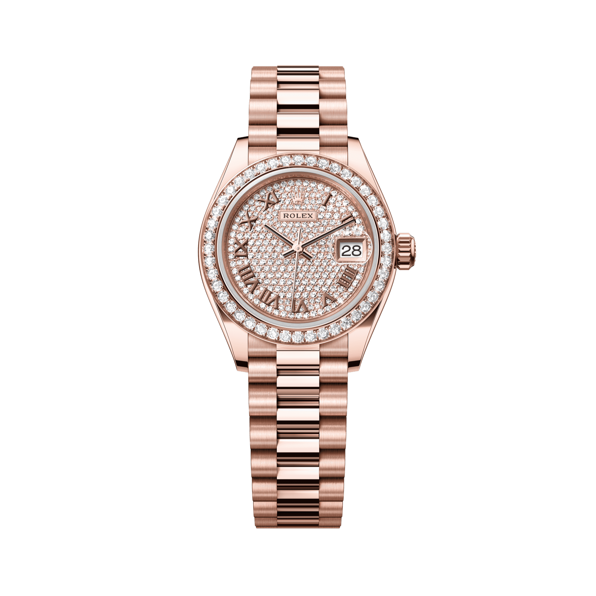 Rolex Oyster 28 mm Diamond-Paved Dial 18 kt Everose Gold President, Semi-Circular Three-Piece Links 279135rbr-0021 - WATCHXNYC