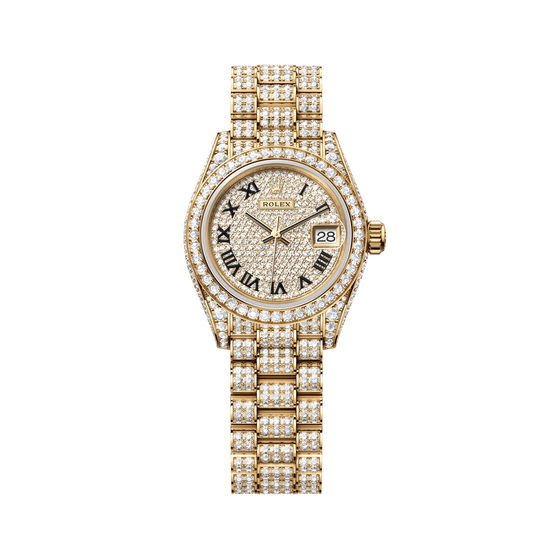 Rolex Oyster 28 mm Diamond-Paved Dial 18 kt yellow gold with case sides and lugs set with diamonds President, Three-Piece Solid Links, Set With 596 Brilliant-Cut Diamonds 279458rbr-0001 - WATCHXNYC