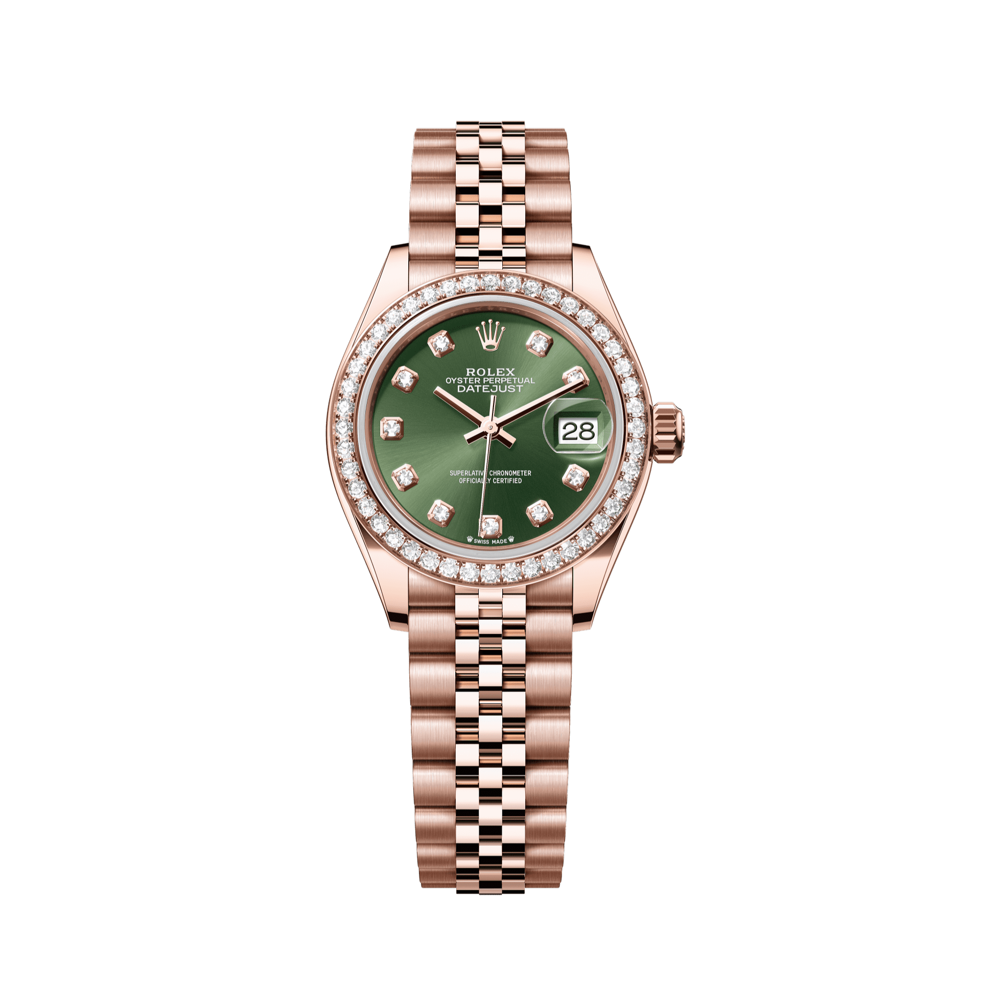 Rolex Oyster 28 mm Olive Green Set With Diamonds Dial 18 kt Everose Gold Jubilee 279135rbr-0015 - WATCHXNYC