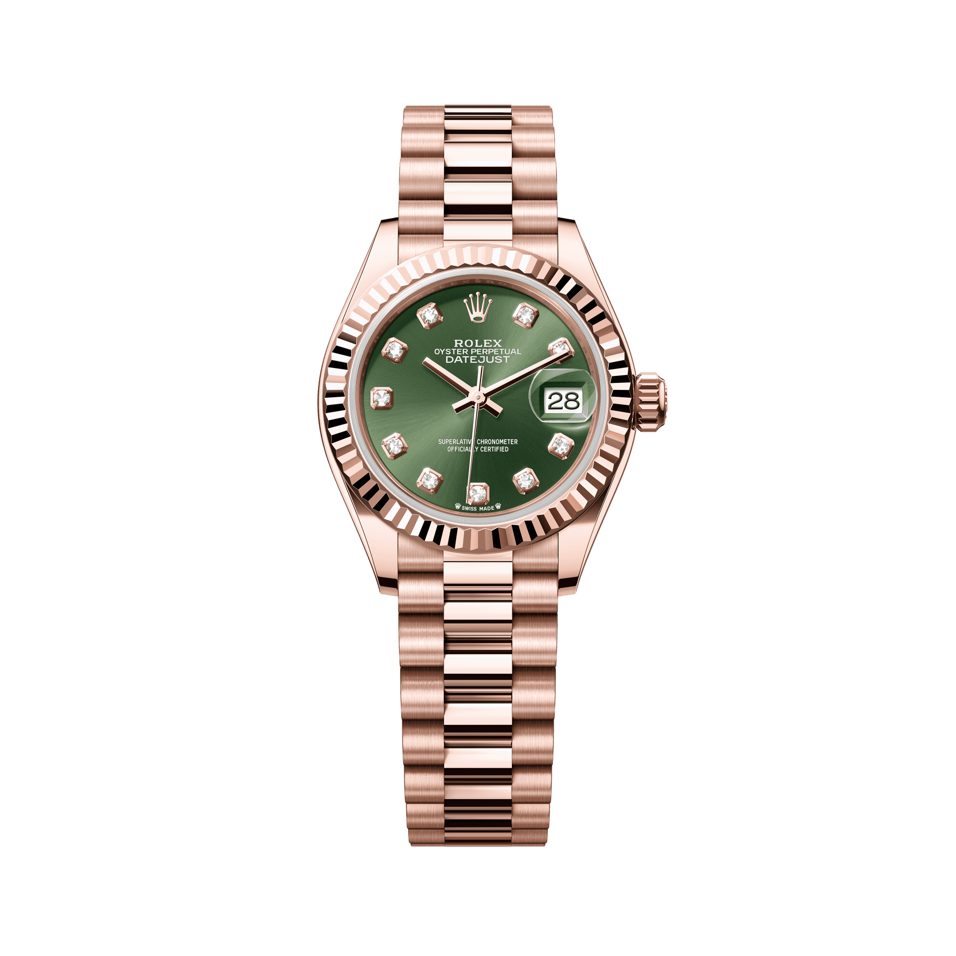 Rolex Oyster 28 mm Olive Green Set With Diamonds Dial 18 kt Everose Gold President, Semi-Circular Three-Piece Links 279175-0009 - WATCHXNYC