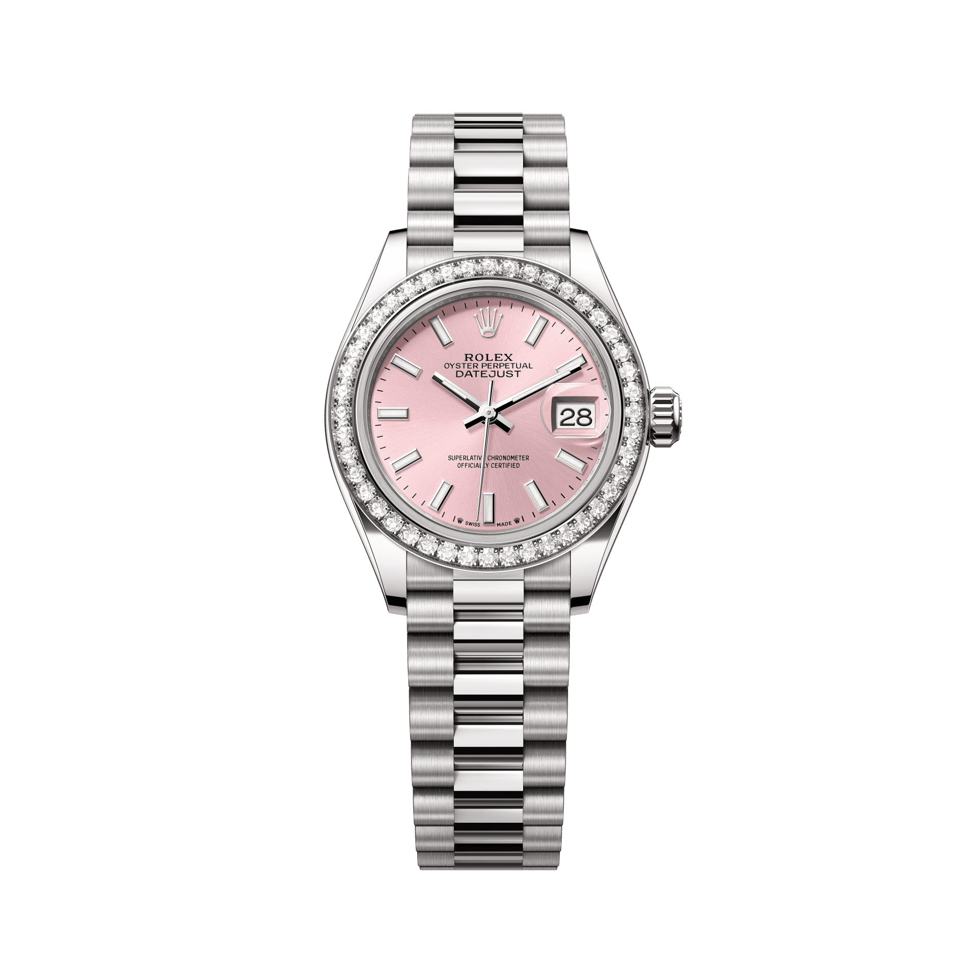 Rolex Oyster 28 mm Pink Dial 18 kt White Gold President, Semi-Circular Three-Piece Links 279139rbr-0004 - WATCHXNYC