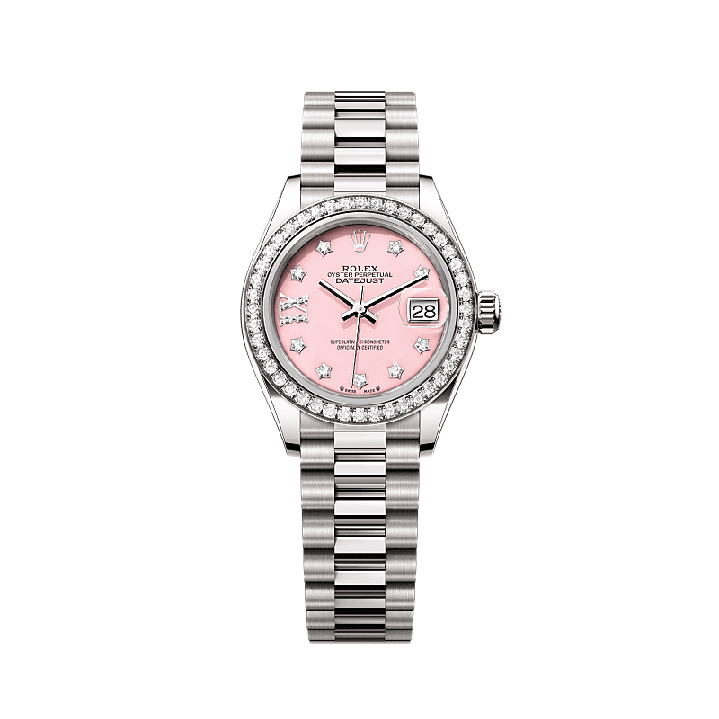 Rolex Oyster 28 mm Pink Opal Set With Diamonds Dial 18 kt White Gold President, Semi-Circular Three-Piece Links 279139rbr-0002 - WATCHXNYC