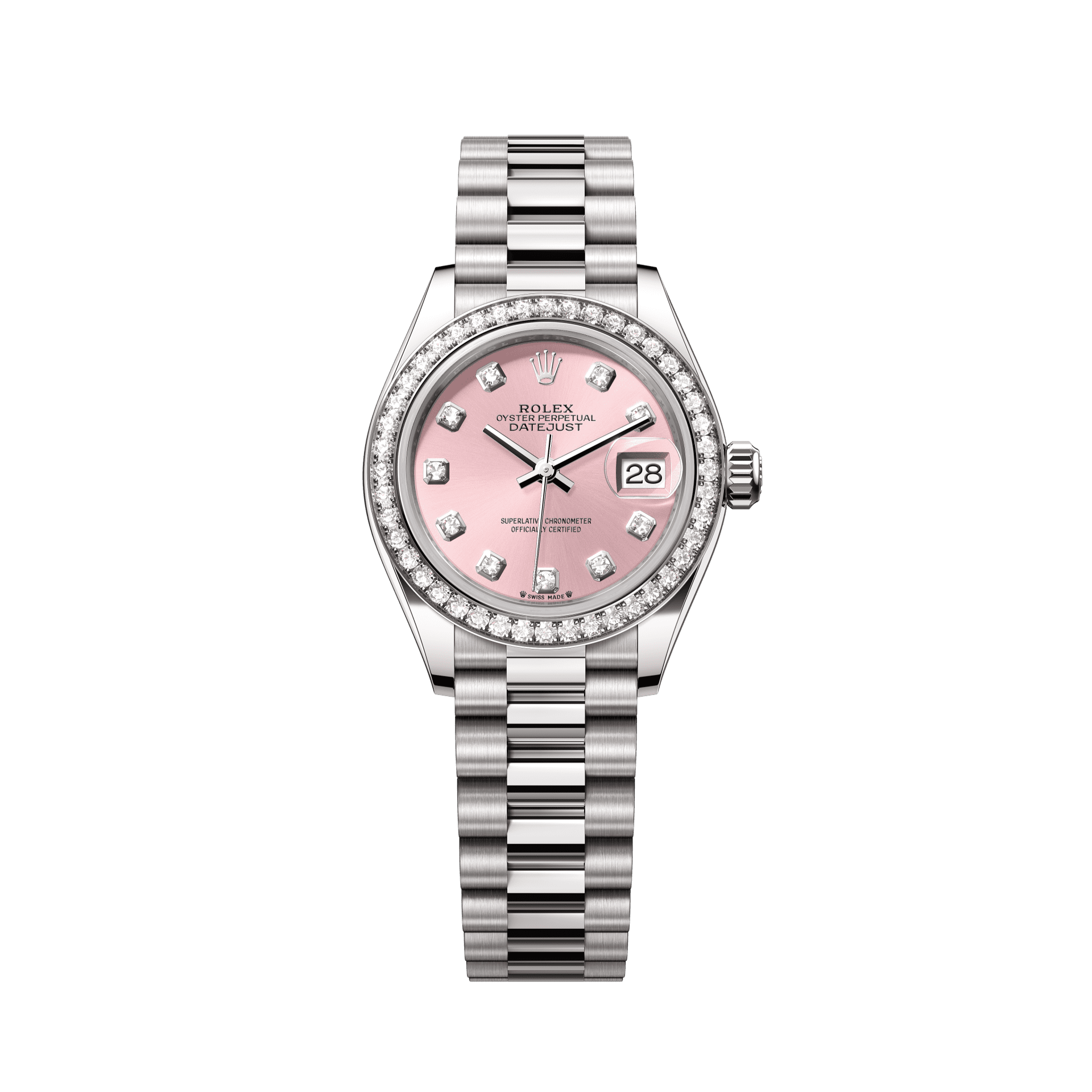 Rolex Oyster 28 mm Pink Set With Diamonds Dial 18 kt White Gold President, Semi-Circular Three-Piece Links 279139rbr-0005 - WATCHXNYC