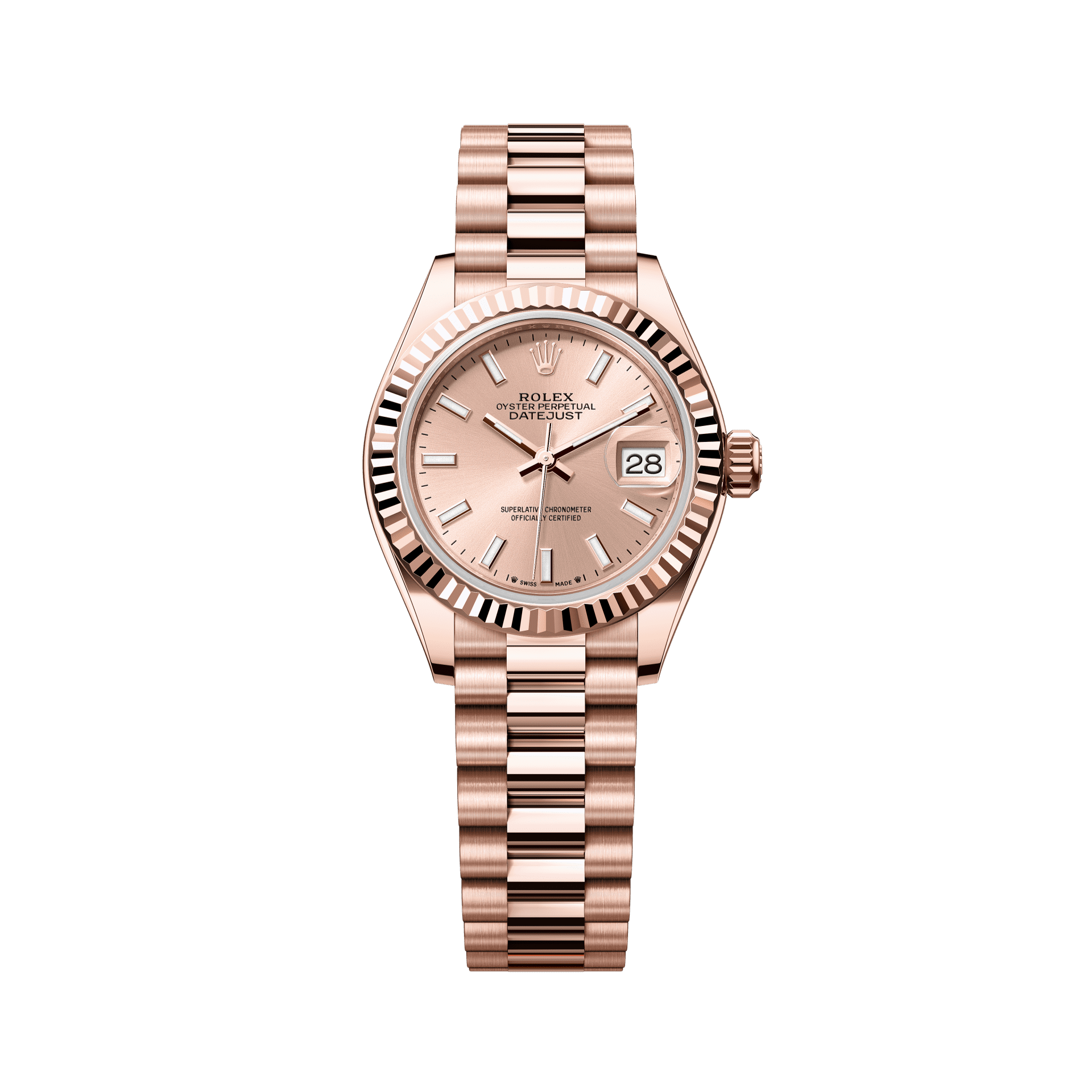 Rolex Oyster 28 mm Rose-Colour Dial 18 kt Everose Gold President, Semi-Circular Three-Piece Links 279175-0025 - WATCHXNYC