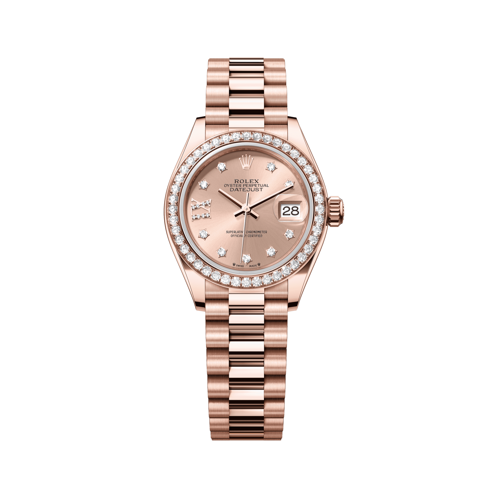 Rolex Oyster 28 mm Rose-colour Set With Diamonds Dial 18 kt Everose Gold President, Semi-Circular Three-Piece Links 279135rbr-0029 - WATCHXNYC