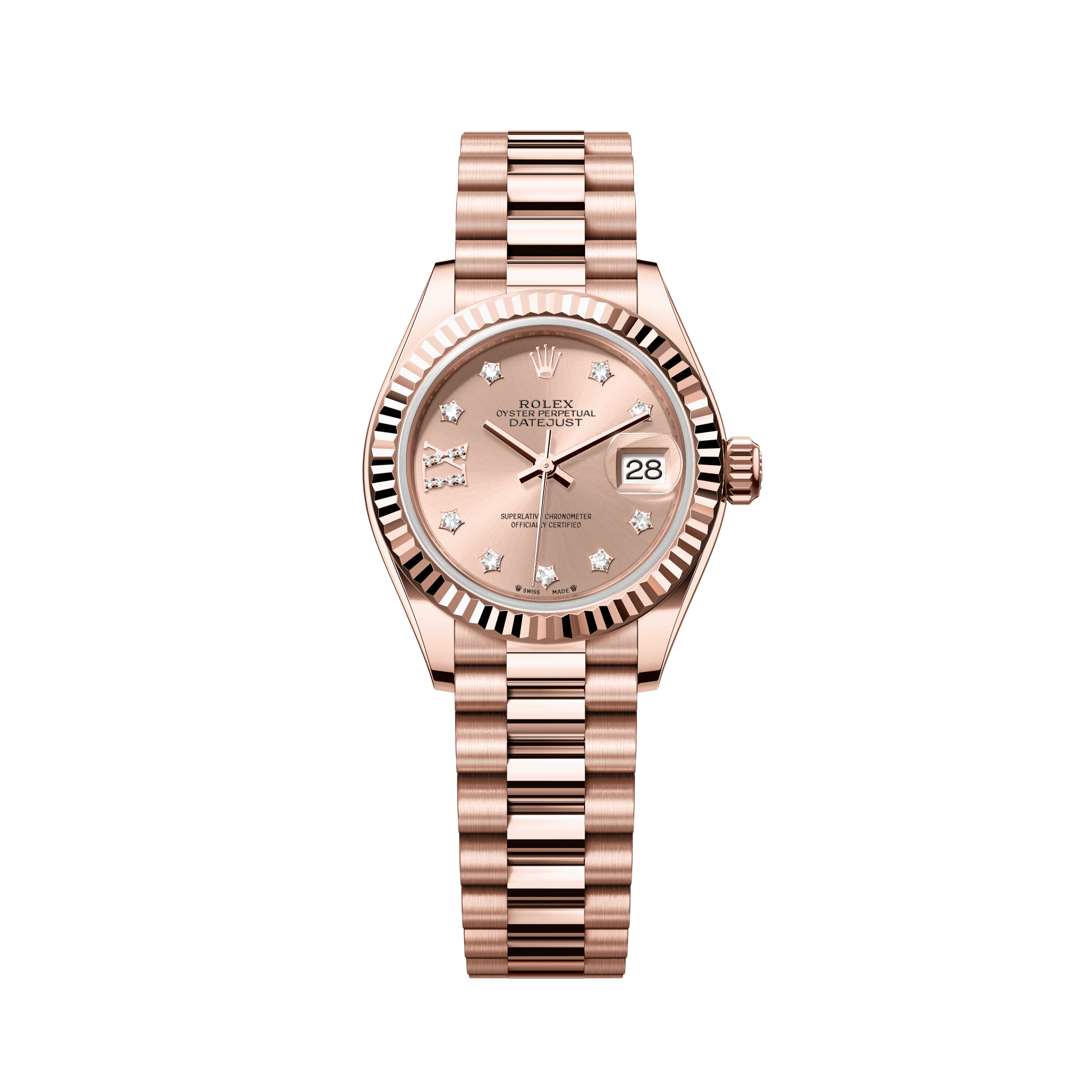 Rolex Oyster 28 mm Rose-colour Set With Diamonds Dial 18 kt Everose Gold President, Semi-Circular Three-Piece Links 279175-0029 - WATCHXNYC