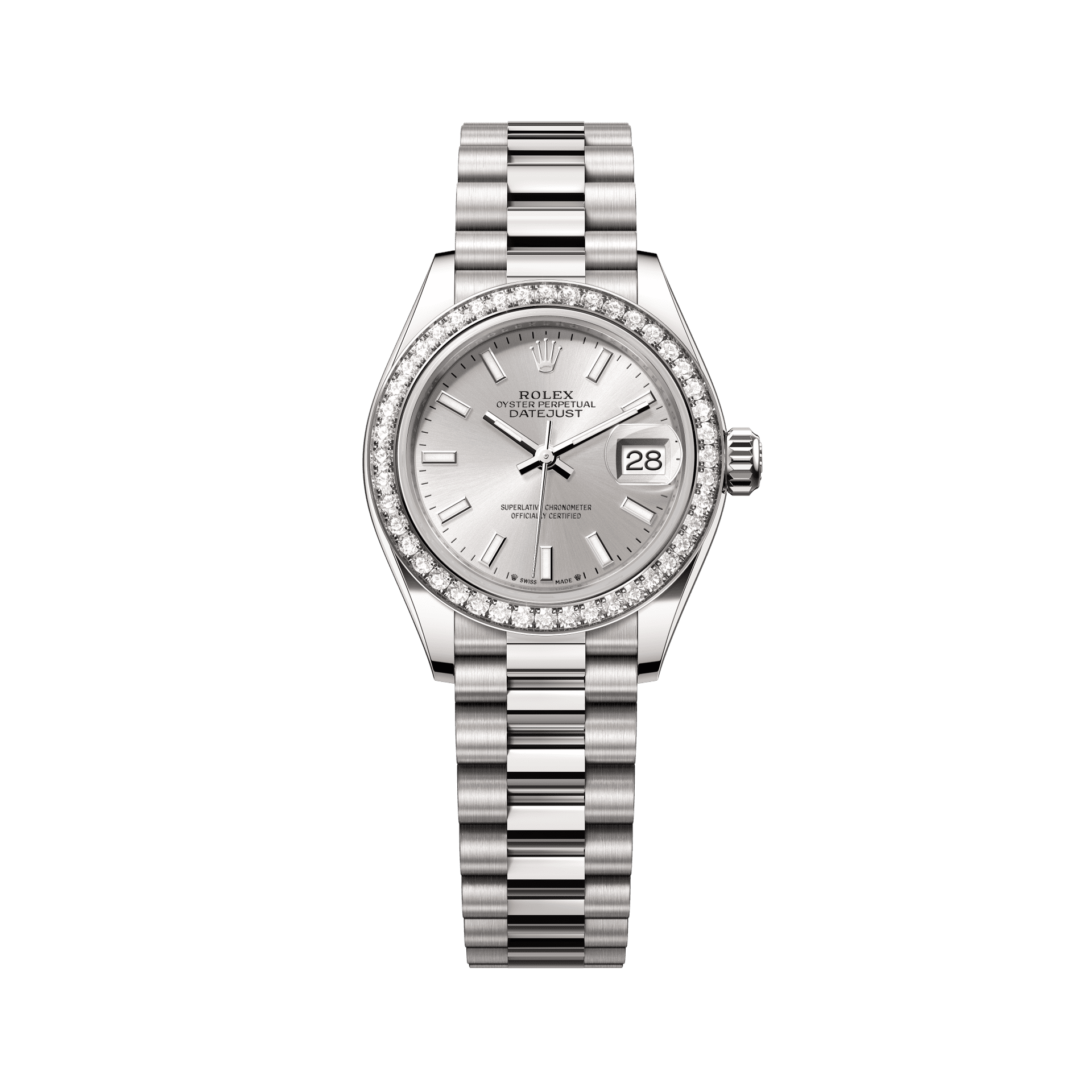 Rolex Oyster 28 mm Silver Dial 18 kt White Gold President, Semi-Circular Three-Piece Links 279139rbr-0006 - WATCHXNYC
