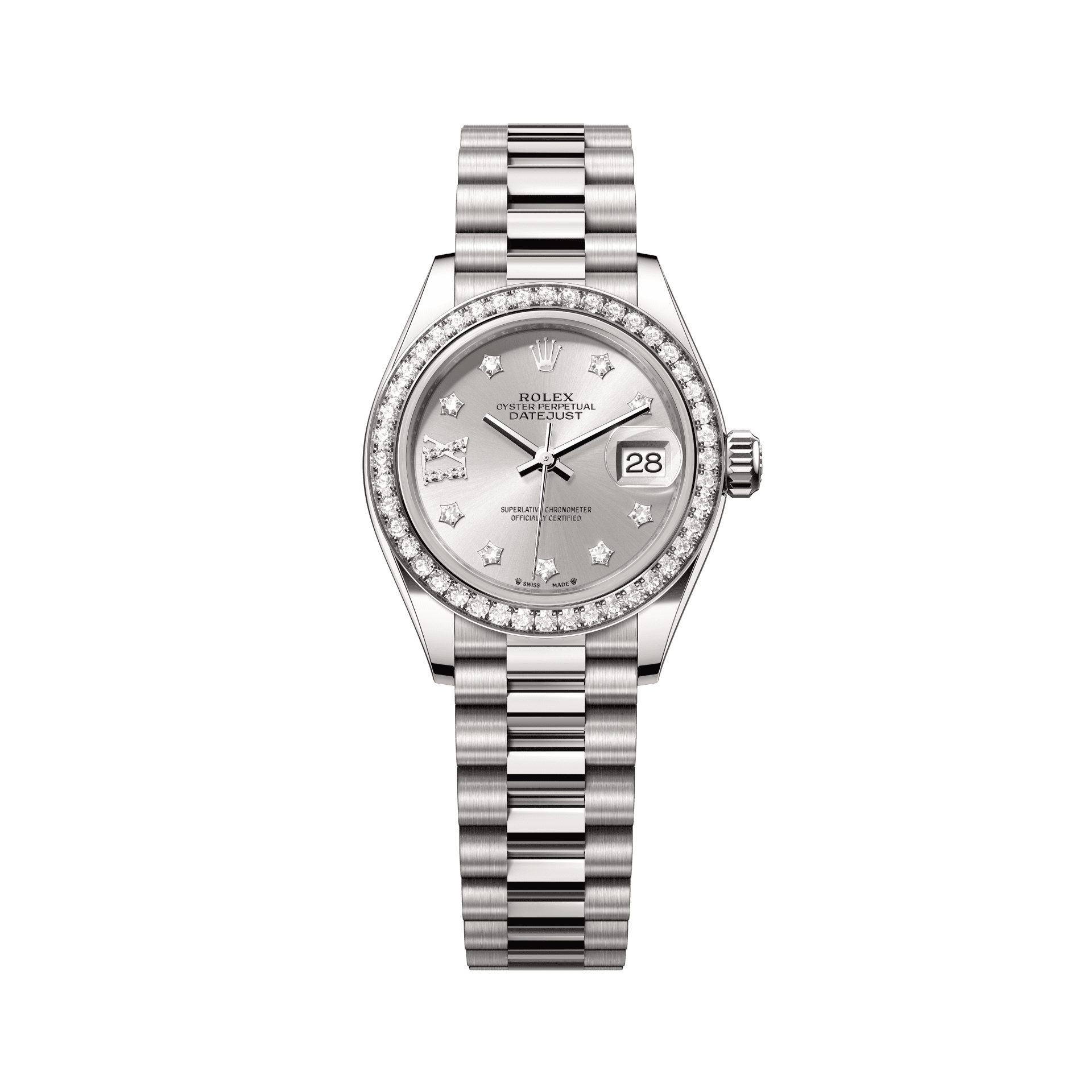 Rolex Oyster 28 mm Silver Set With Diamonds Dial 18 kt White Gold President, Semi-Circular Three-Piece Links 279139rbr-0003 - WATCHXNYC