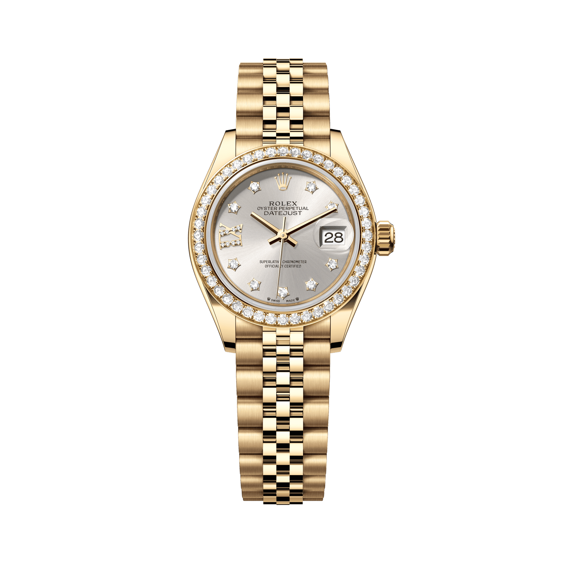 Rolex Oyster 28 mm Silver set with Diamonds Dial 18k Yellow Gold Jubilee Bracelet. 279138rbr-0002 - WATCHXNYC