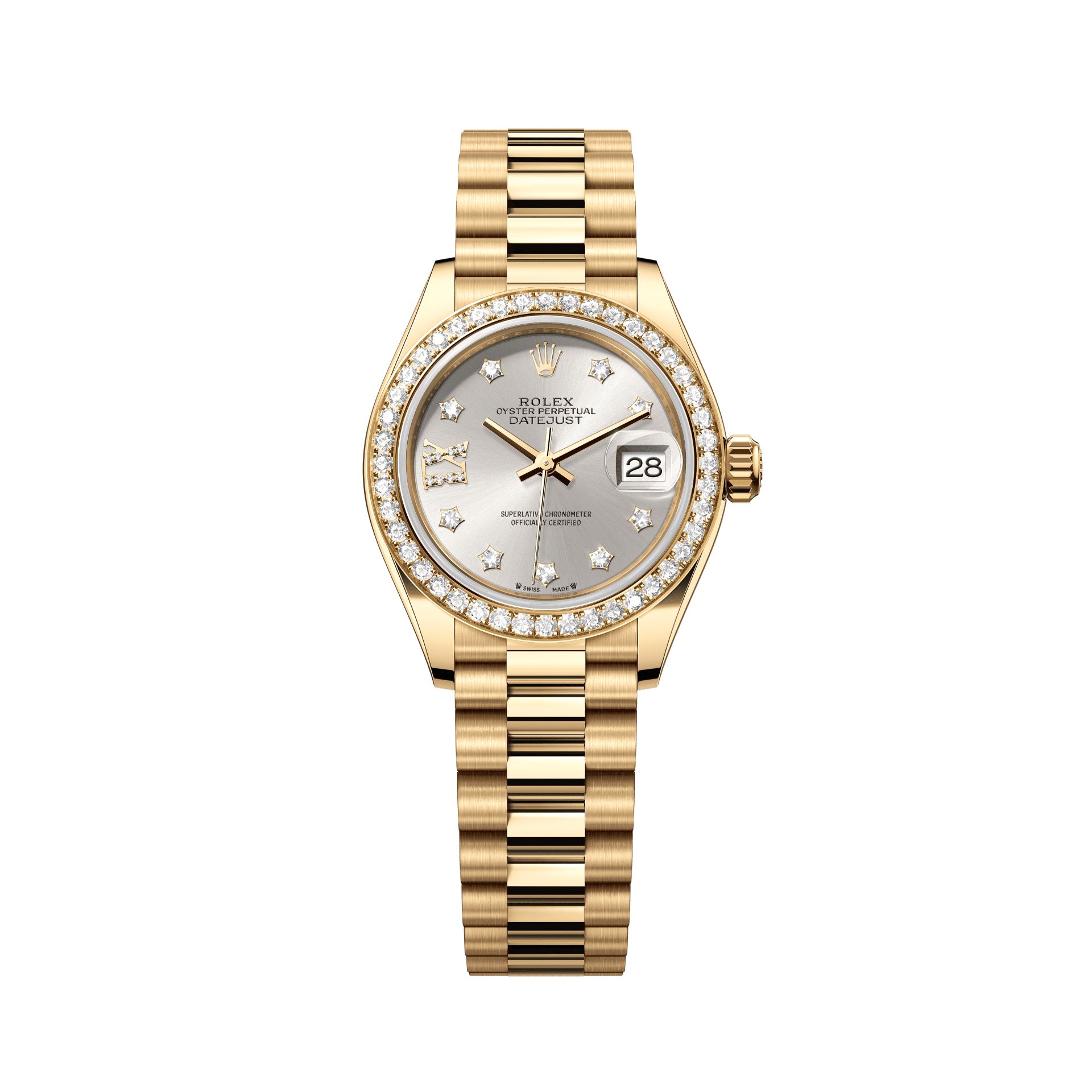 Rolex Oyster 28 mm Silver Set With Diamonds Dial 18k Yellow Gold President Bracelet 279138rbr-0001 - WATCHXNYC