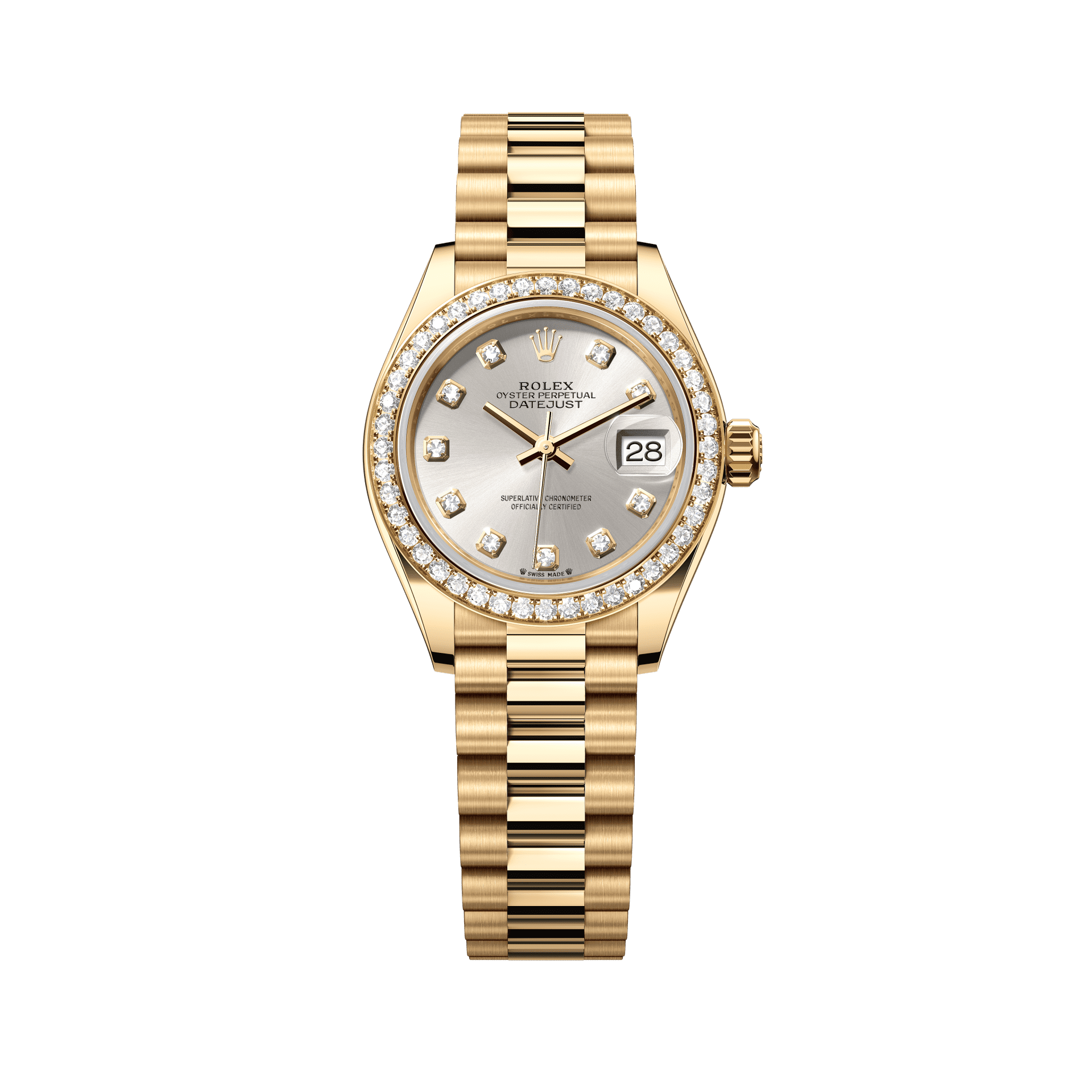 Rolex Oyster 28 mm Silver set with diamonds Dial 18k Yellow Gold President Bracelet 279138rbr-0019 - WATCHXNYC