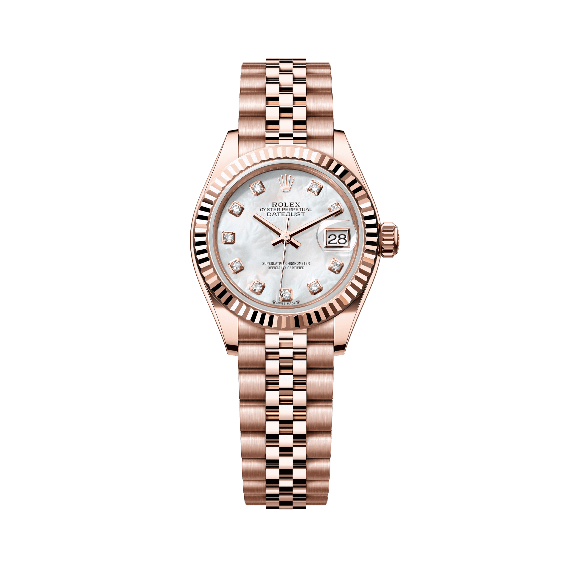 Rolex Oyster 28 mm White Mother-Of-Pearl Set With Diamonds Dial 18 kt Everose Gold Jubilee 279175-0018 - WATCHXNYC