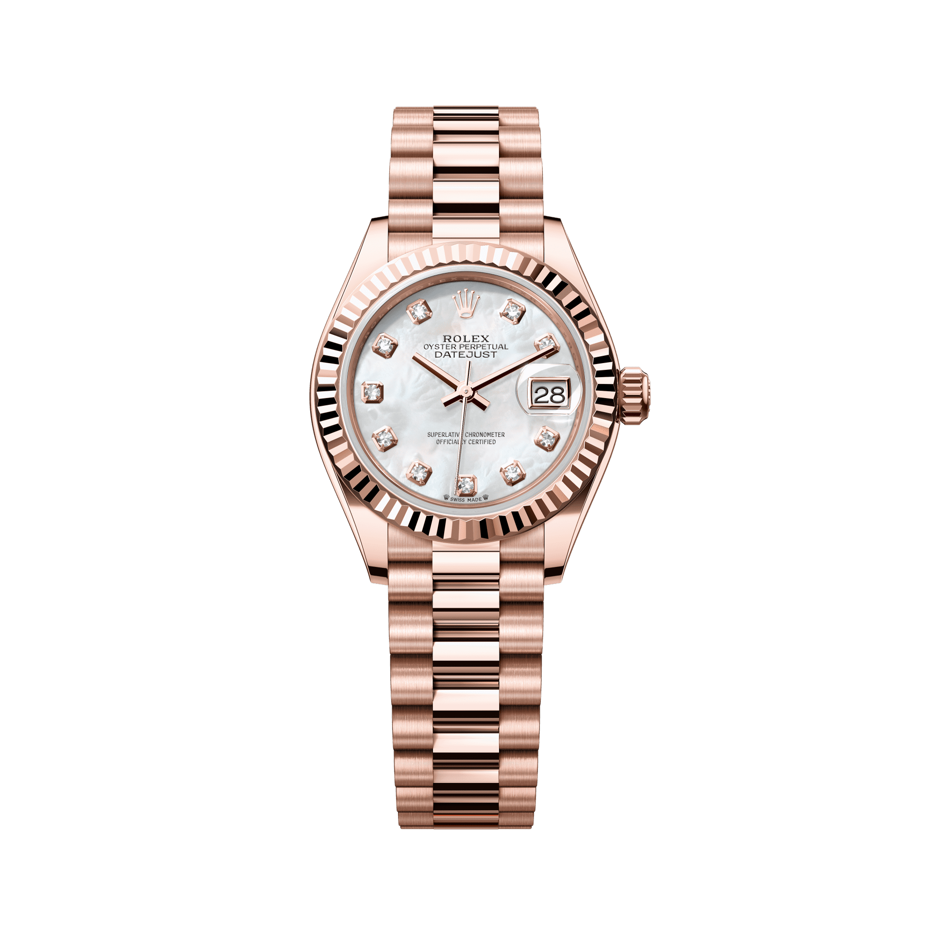 Rolex Oyster 28 mm White Mother-Of-Pearl Set With Diamonds Dial 18 kt Everose Gold President, Semi-Circular Three-Piece Links 279175-0017 - WATCHXNYC