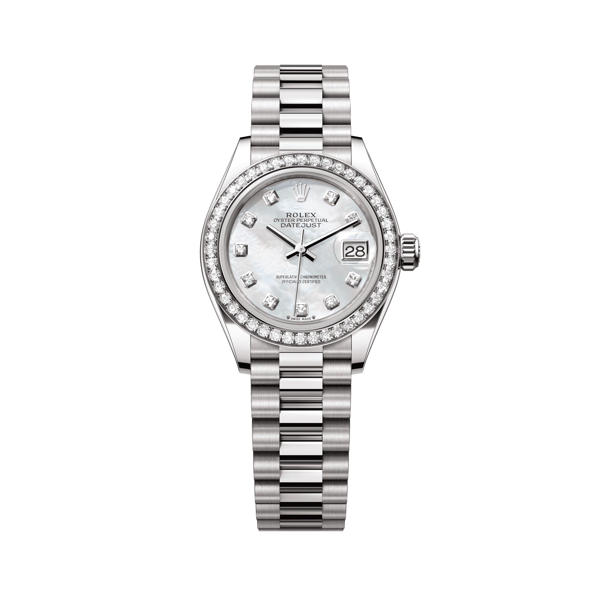 Rolex Oyster 28 mm White Mother-Of-Pearl Set With Diamonds Dial 18 kt White Gold President, Semi-Circular Three-Piece Links 279139rbr-0008 - WATCHXNYC