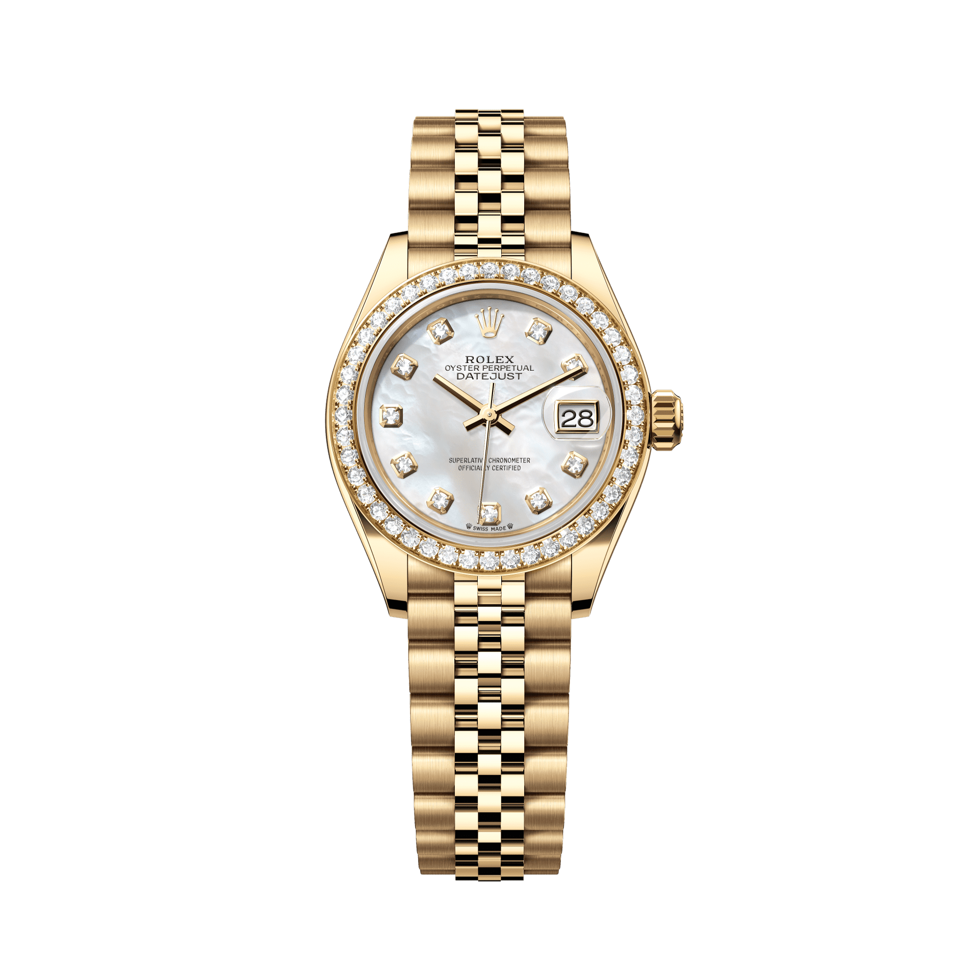 Rolex Oyster 28 mm White Mother-of-Pearl Set With Diamonds Dial 18k Yellow Gold Jubilee Bracelet. 279138rbr-0016 - WATCHXNYC