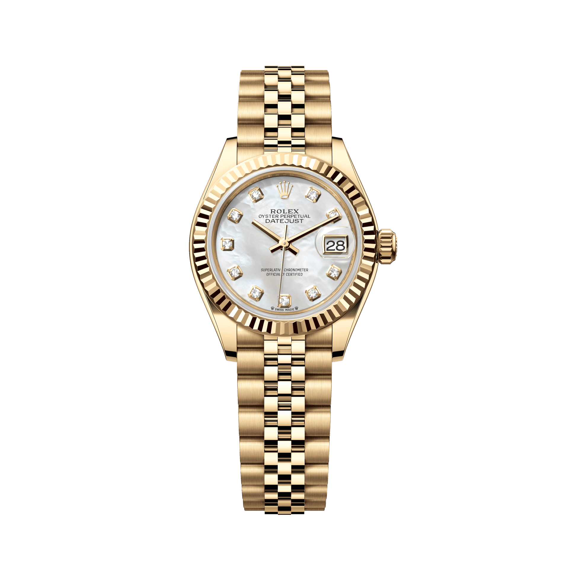 Rolex Oyster 28 mm White Mother-Of-Pearl Set With Diamonds Dial 18k Yellow Gold Jubilee Bracelet. 279178-0026 - WATCHXNYC