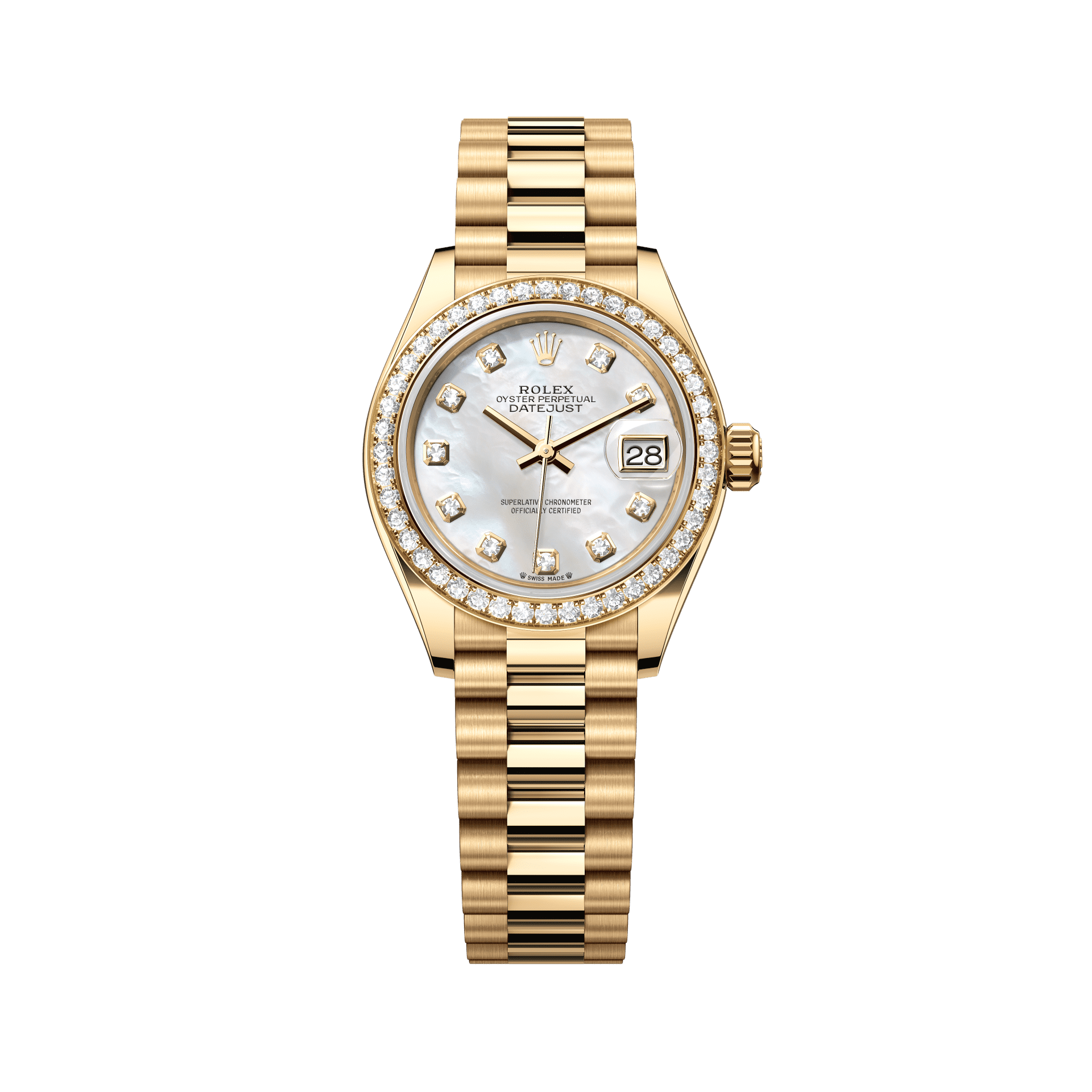 Rolex Oyster 28 mm White Mother-Of-Pearl Set With Diamonds Dial 18k Yellow Gold President Bracelet 279138rbr-0015 - WATCHXNYC