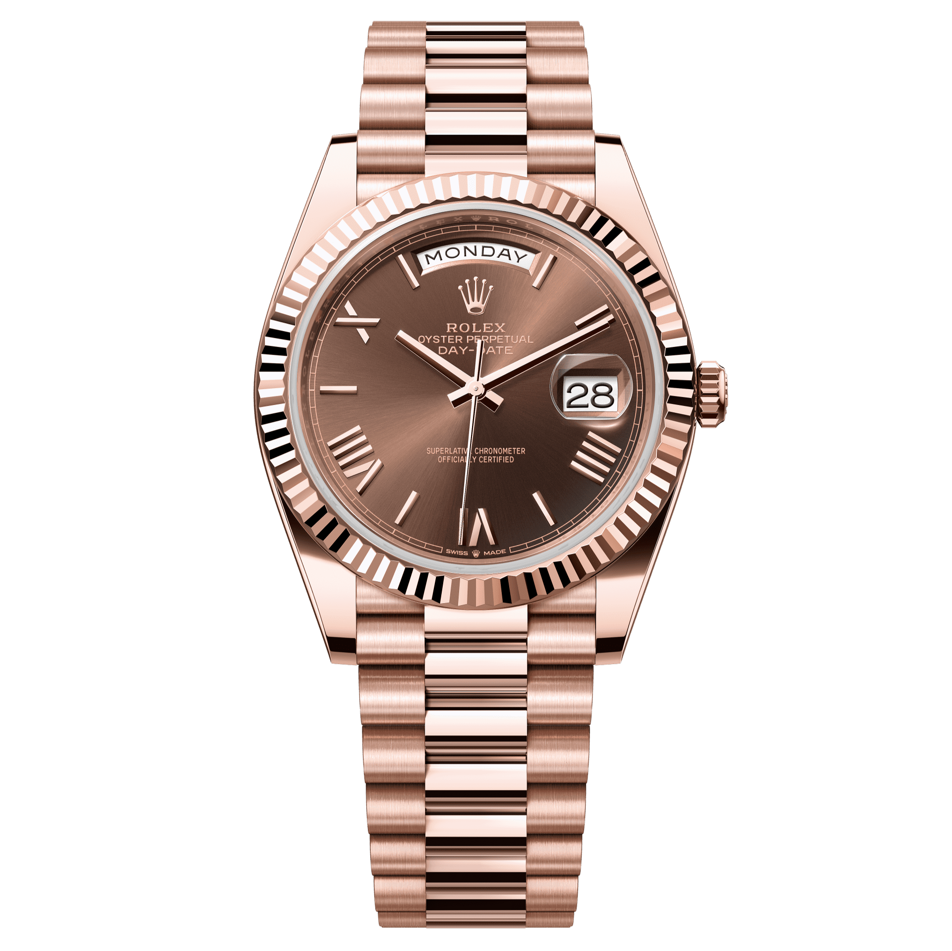 Rolex Oyster 40 mm Chocolate Dial 18 kt Everose Gold President, Semi-Circular Three-Piece Links 228235-0002 - WATCHXNYC