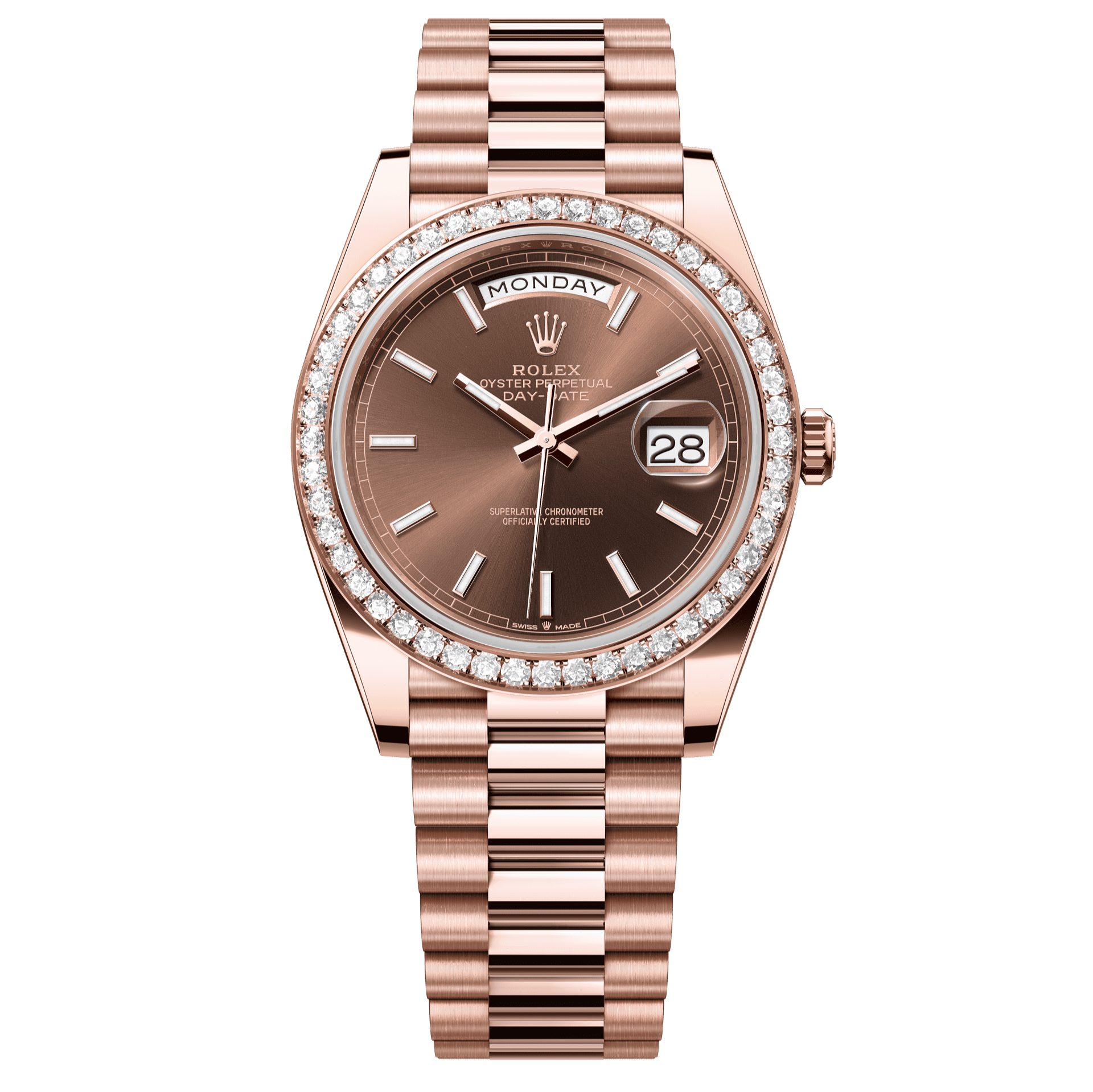 Rolex Oyster 40 mm Chocolate Dial 18 kt Everose Gold President, Semi-Circular Three-Piece Links 228345rbr-0024 - WATCHXNYC