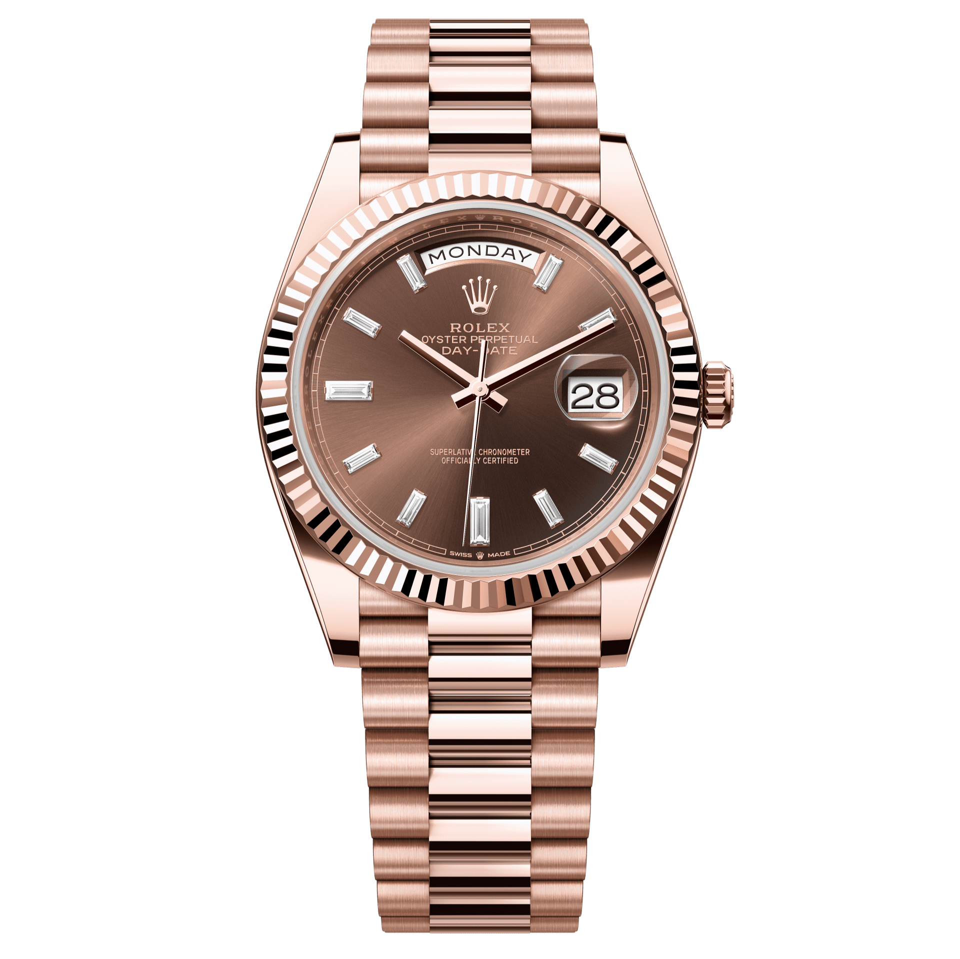Rolex Oyster 40 mm Chocolate Set With Diamonds Dial 18 kt Everose Gold President, Semi-Circular Three-Piece Links 228235-0003 - WATCHXNYC