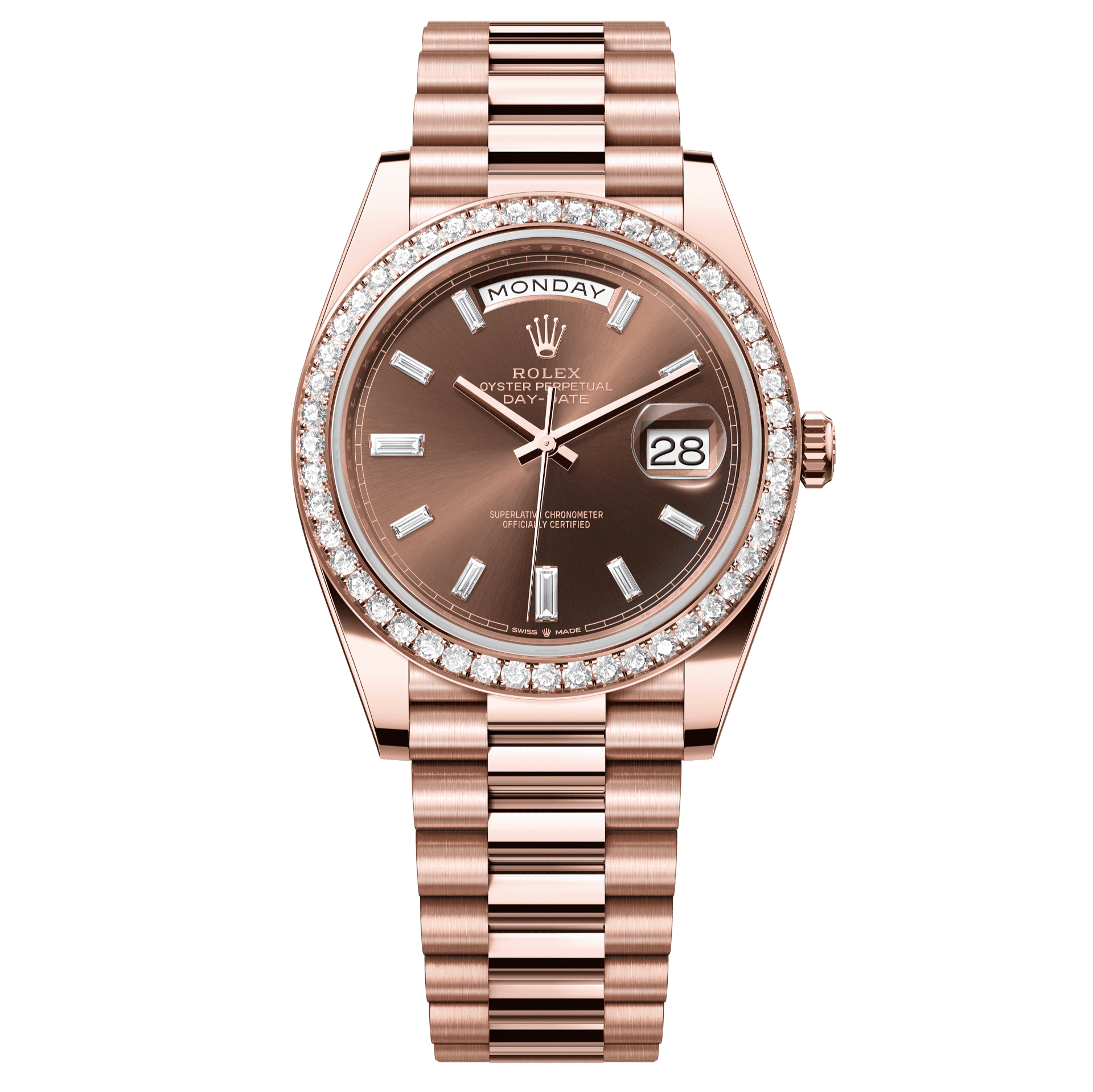 Rolex Oyster 40 mm Chocolate Set With Diamonds Dial 18 kt Everose Gold President, Semi-Circular Three-Piece Links 228345rbr-0006 - WATCHXNYC