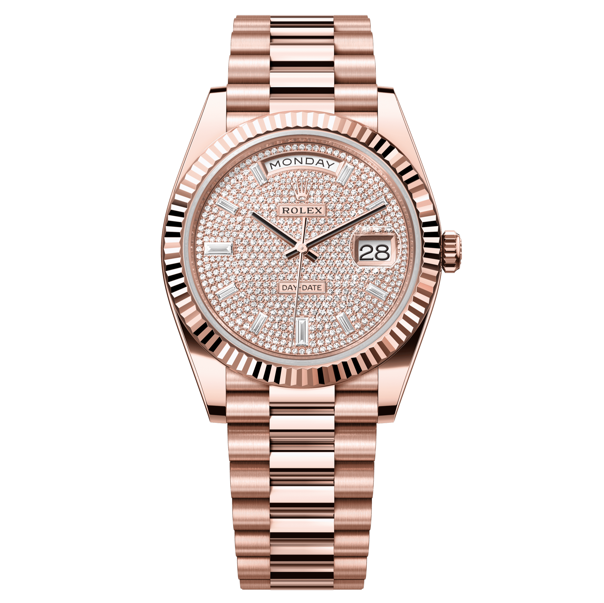 Rolex Oyster 40 mm Diamond-Paved Dial 18 kt Everose Gold President, Semi-Circular Three-Piece Links 228235-0036 - WATCHXNYC