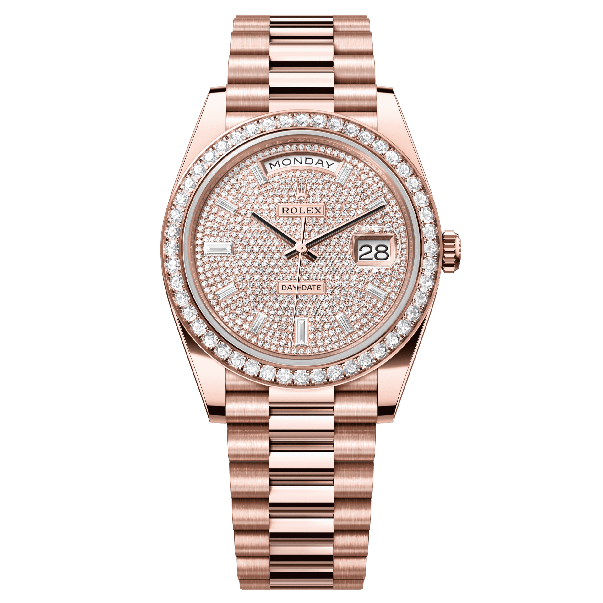 Rolex Oyster 40 mm Diamond-Paved Dial 18 kt Everose Gold President, Semi-Circular Three-Piece Links 228345rbr-0002 - WATCHXNYC