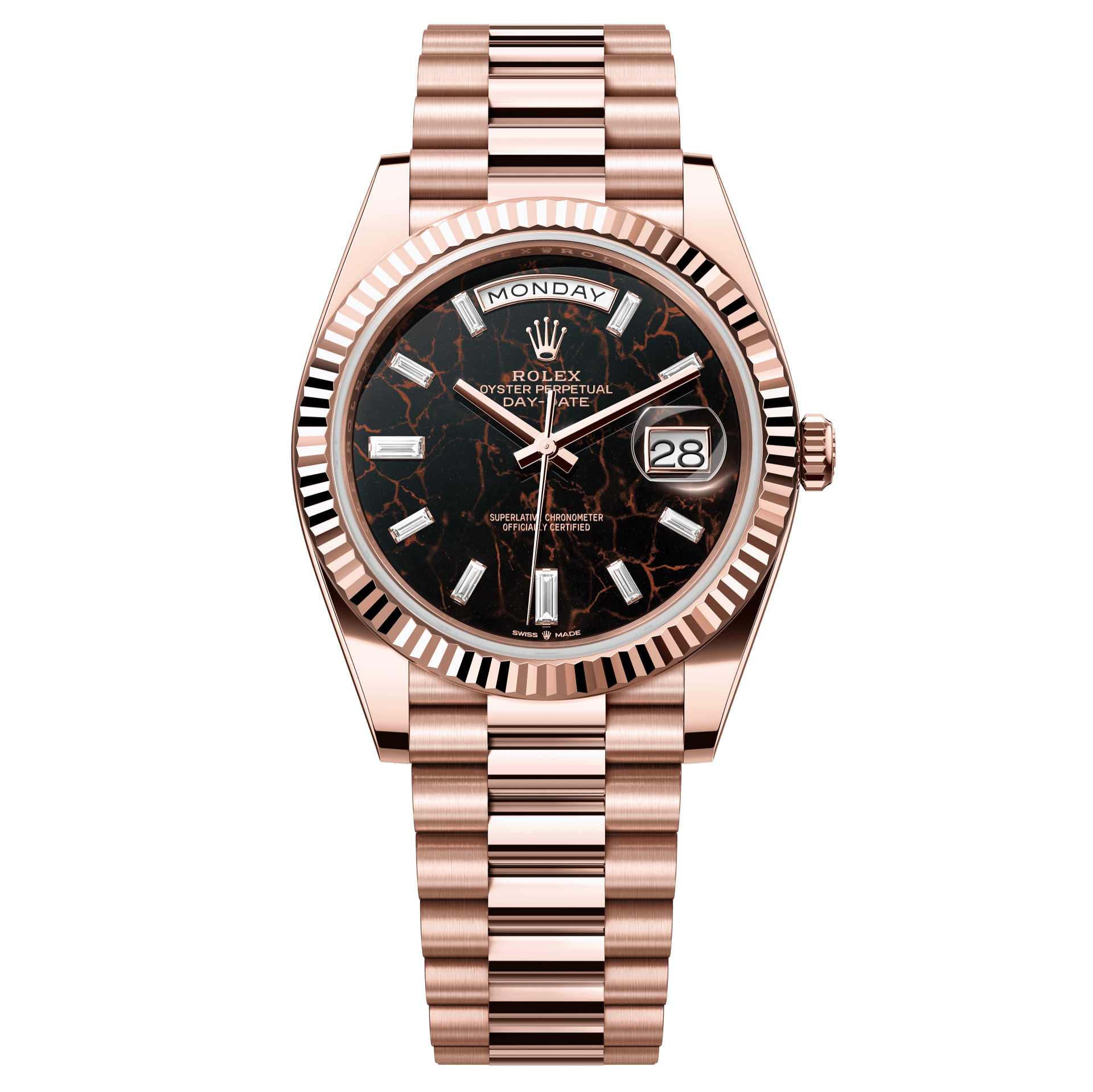 Rolex Oyster 40 mm Eisenkiesel Set With Diamonds Dial 18 kt Everose Gold President, Semi-Circular Three-Piece Links 228235-0045 - WATCHXNYC
