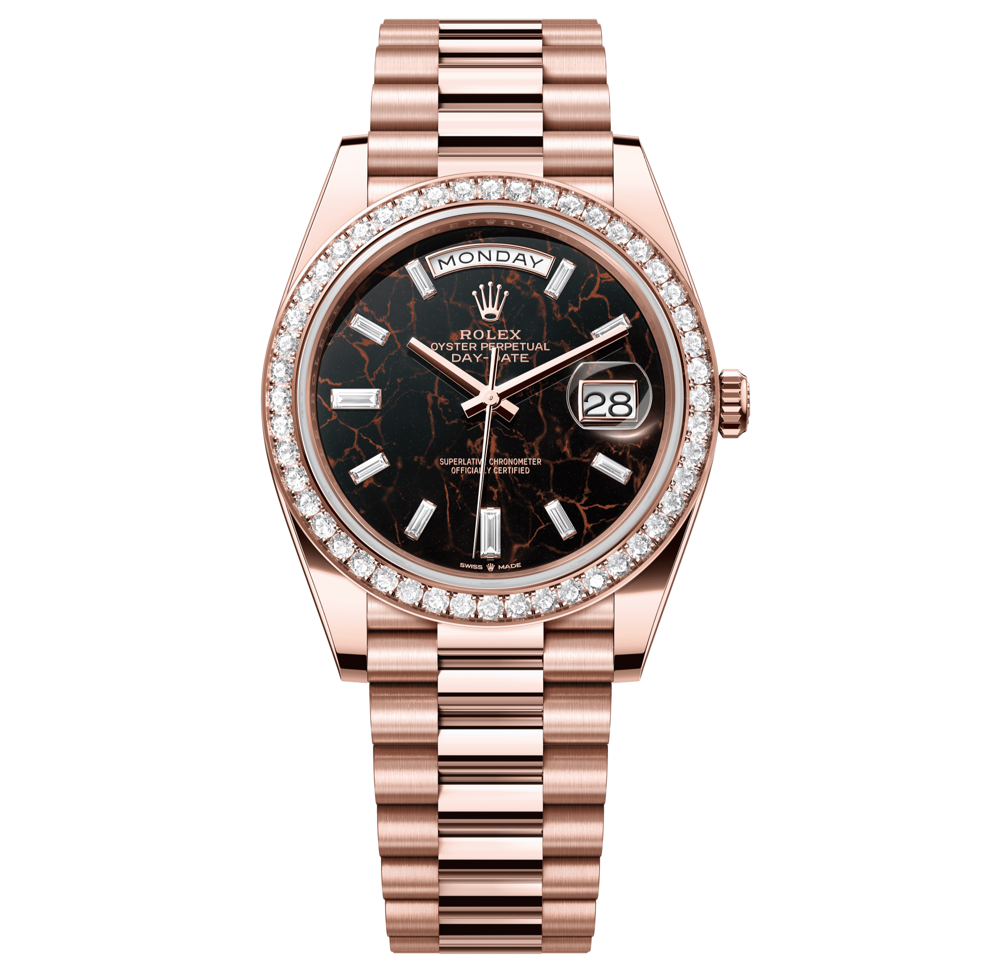 Rolex Oyster 40 mm Eisenkiesel Set With Diamonds Dial 18 kt Everose Gold President, Semi-Circular Three-Piece Links 228345rbr-0016 - WATCHXNYC