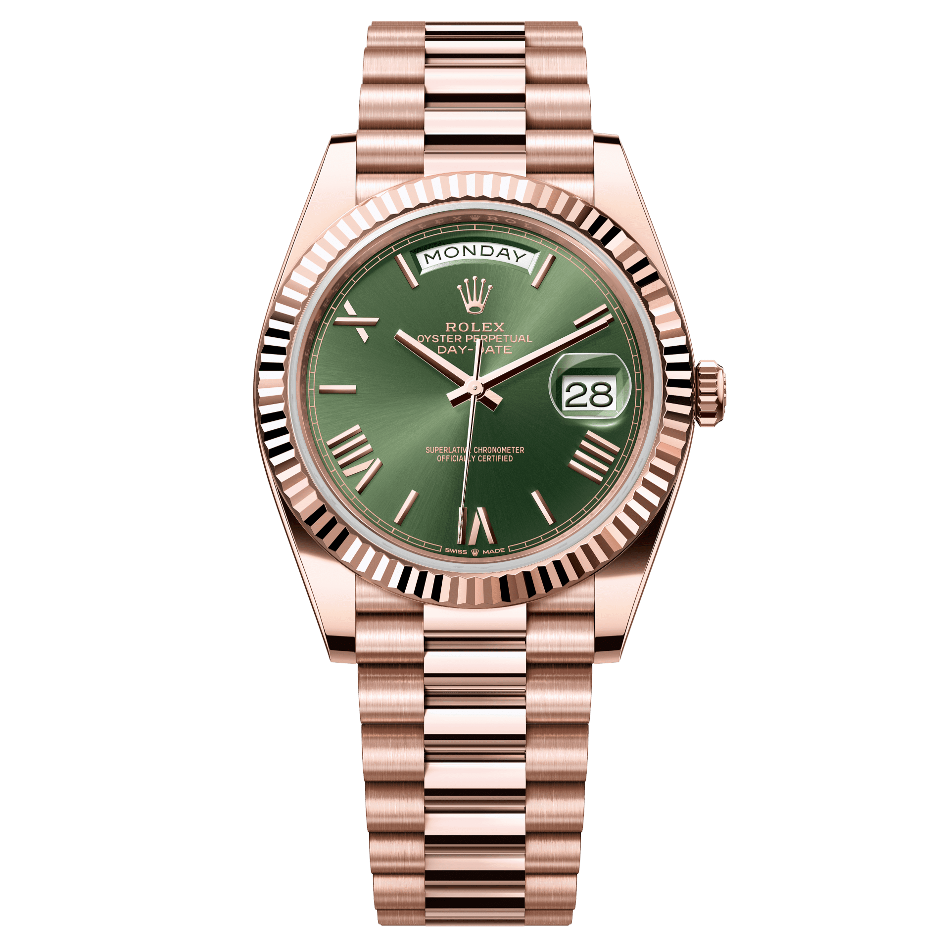 Rolex Oyster 40 mm Olive Green Dial 18 kt Everose Gold President, Semi-Circular Three-Piece Links 228235-0025 - WATCHXNYC