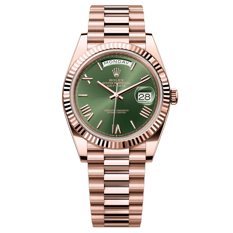 Rolex Oyster 40 mm, esfera verde oliva, oro Everose de 18 kt, President, eslabones semicirculares de tres piezas m228235-0025 
