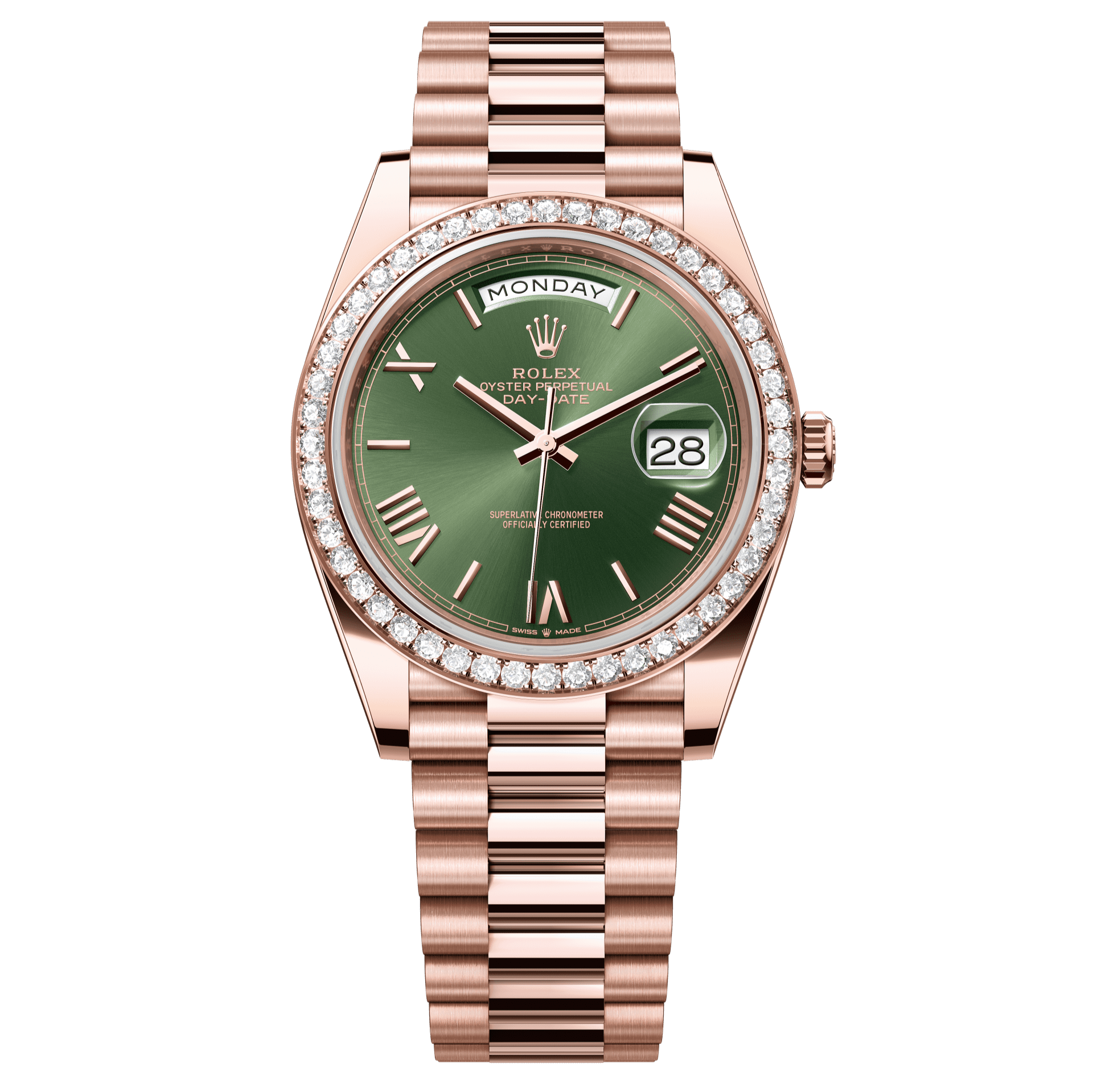 Rolex Oyster 40 mm Olive Green Dial 18 kt Everose Gold President, Semi-Circular Three-Piece Links 228345rbr-0011 - WATCHXNYC