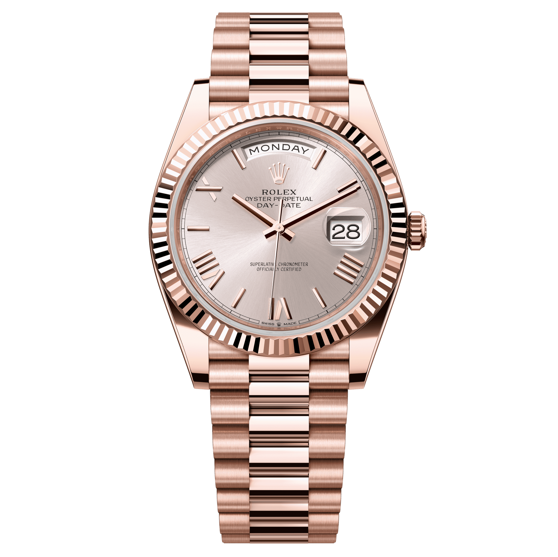 Rolex Oyster 40 mm Sundust Dial 18 kt Everose Gold President, Semi-Circular Three-Piece Links 228235-0001 - WATCHXNYC