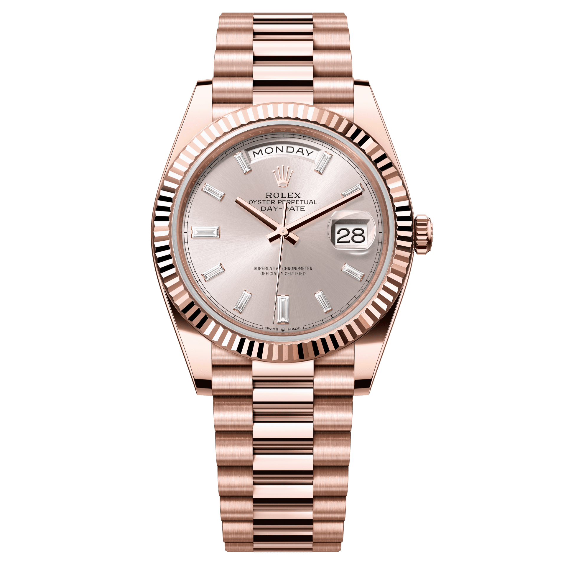 Rolex Oyster 40 mm Sundust Set With Diamonds Dial 18 kt Everose Gold President, Semi-Circular Three-Piece Links 228235-0004 - WATCHXNYC