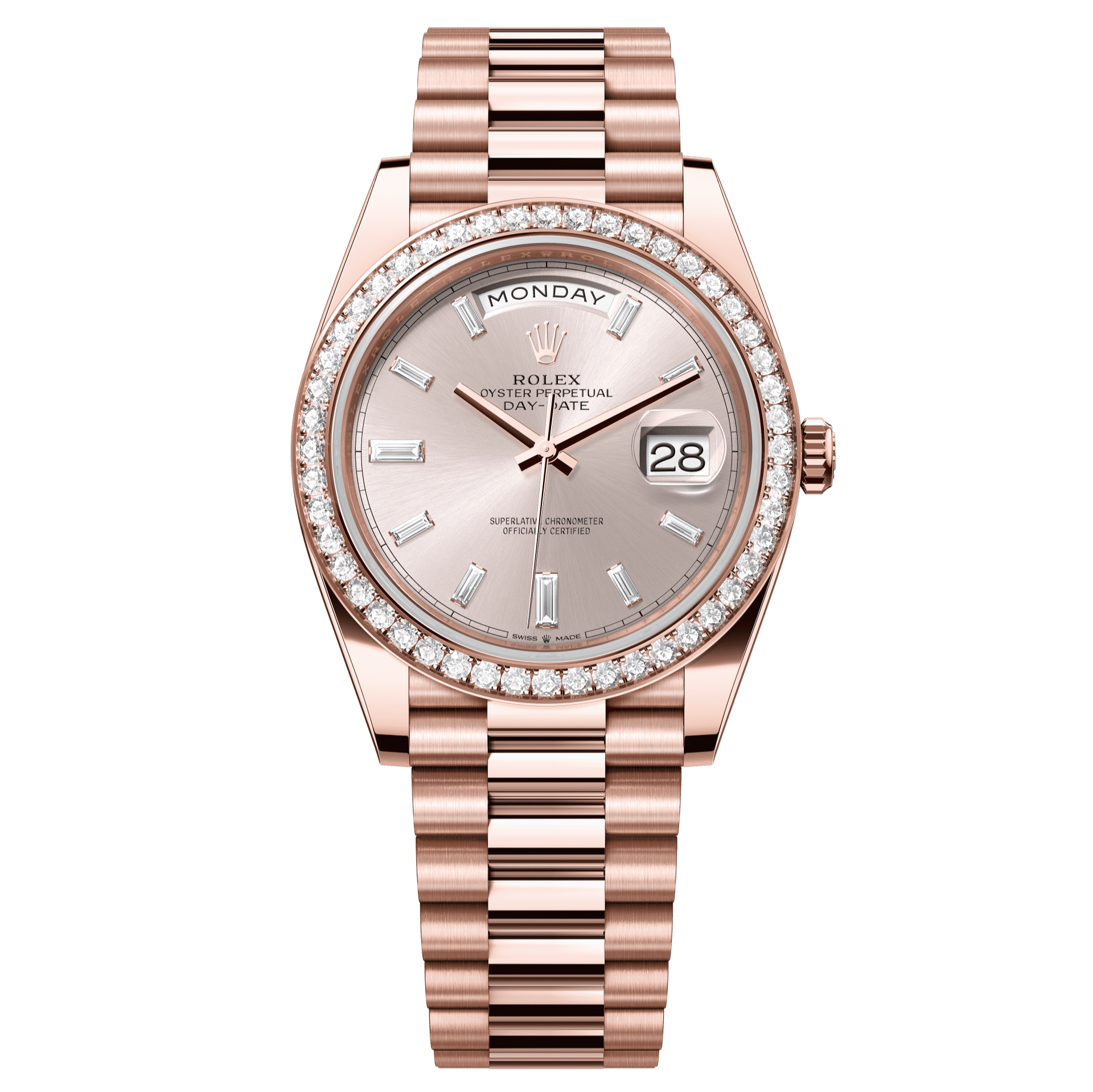 Rolex Oyster 40 mm Sundust Set With Diamonds Dial 18 kt Everose Gold President, Semi-Circular Three-Piece Links 228345rbr-0007 - WATCHXNYC