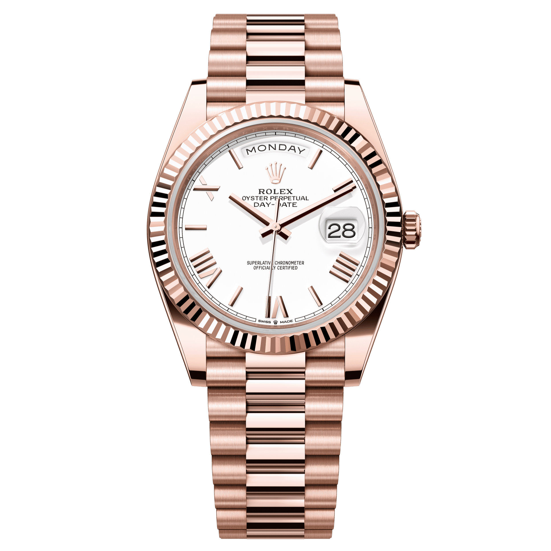 Rolex Oyster 40 mm White Dial 18 kt Everose Gold President, Semi-Circular Three-Piece Links 228235-0032 - WATCHXNYC