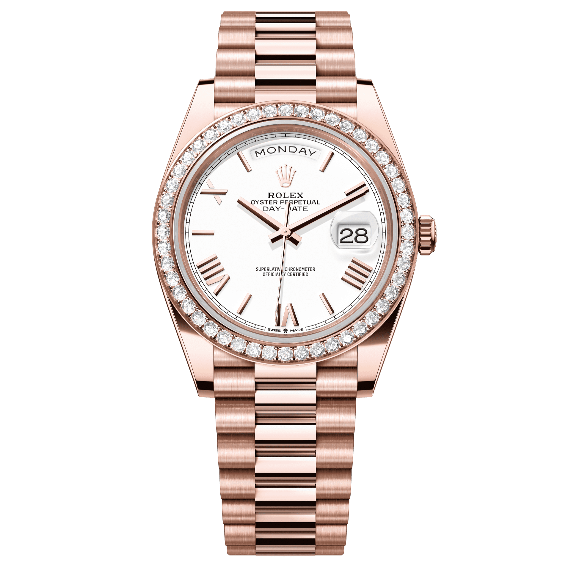 Rolex Oyster 40 mm White Dial 18 kt Everose Gold President, Semi-Circular Three-Piece Links 228345rbr-0012 - WATCHXNYC