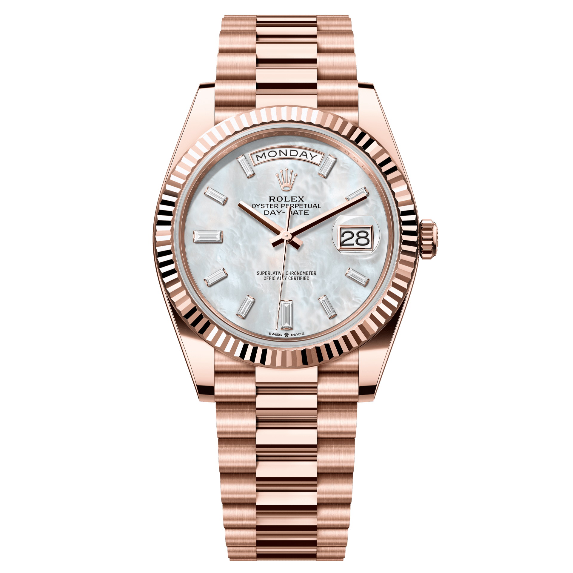 Rolex Oyster 40 mm White Mother-Of-Pearl Set With Diamonds Dial 18 kt Everose Gold President, Semi-Circular Three-Piece Links 228235-0056 - WATCHXNYC