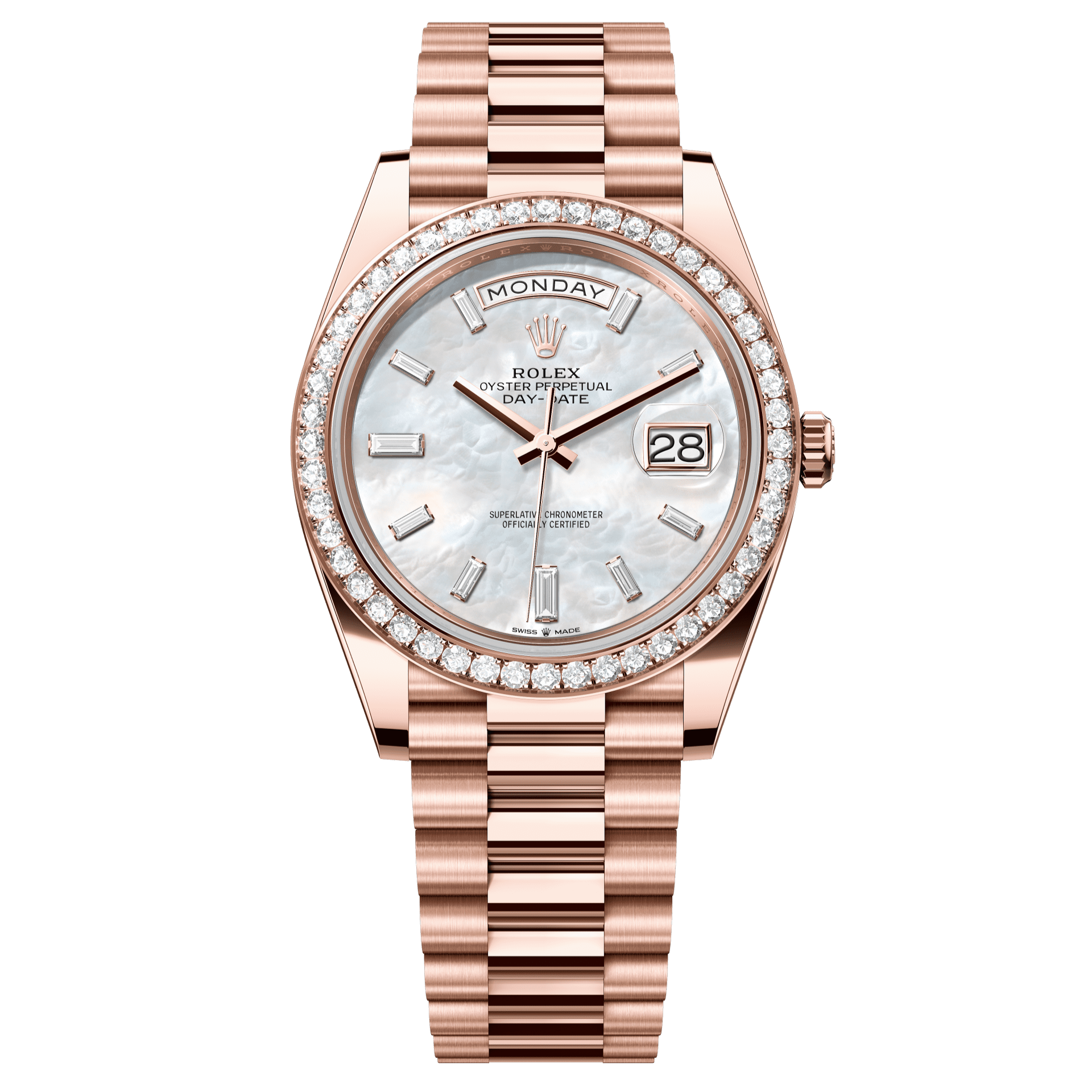 Rolex Oyster 40 mm White Mother-Of-Pearl Set With Diamonds Dial 18 kt Everose Gold President, Semi-Circular Three-Piece Links 228345rbr-0026 - WATCHXNYC