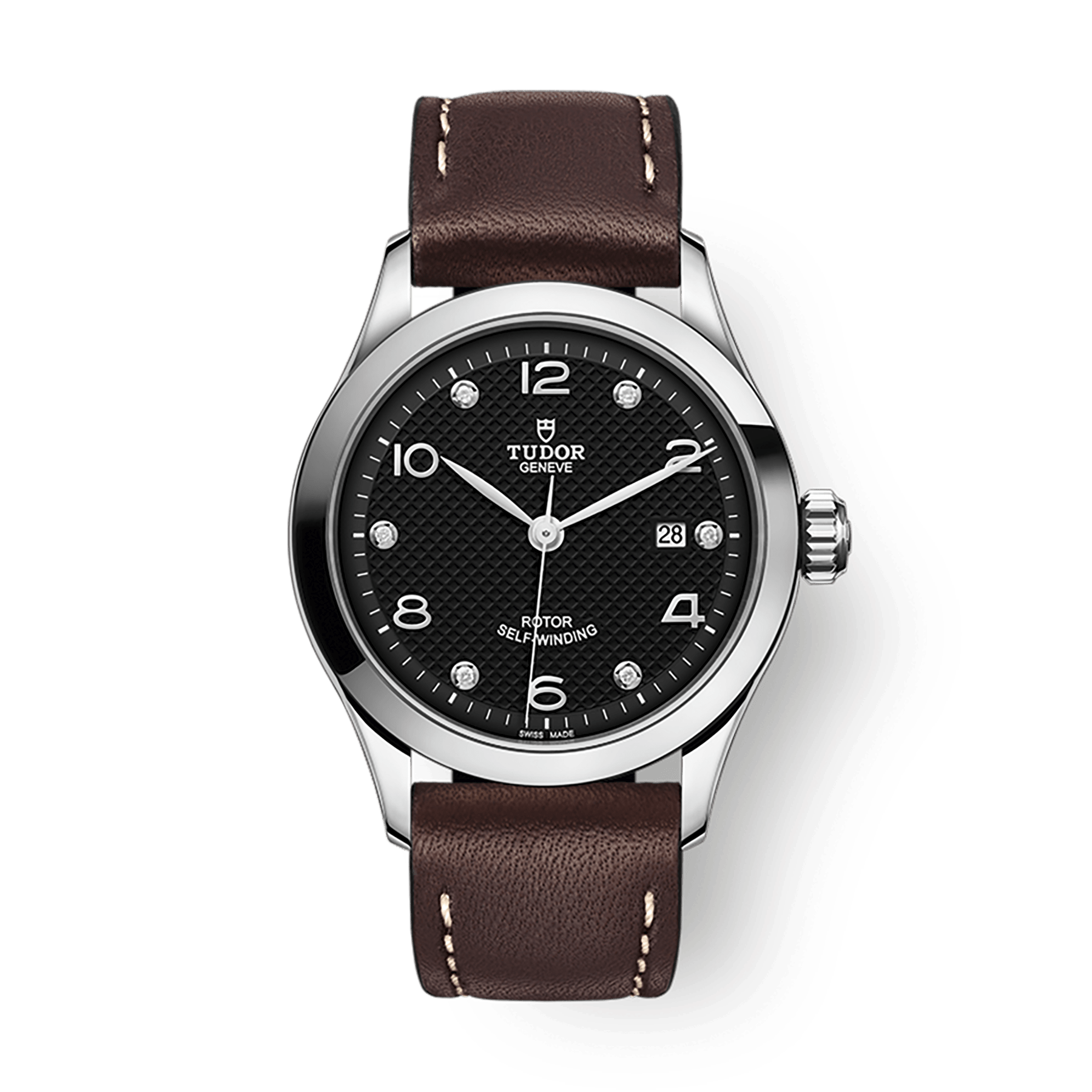 Tudor 1926 28 mm Black Dial with Diamonds Stainless Steel Leather Strap M91350-0009 - WATCHXNYC