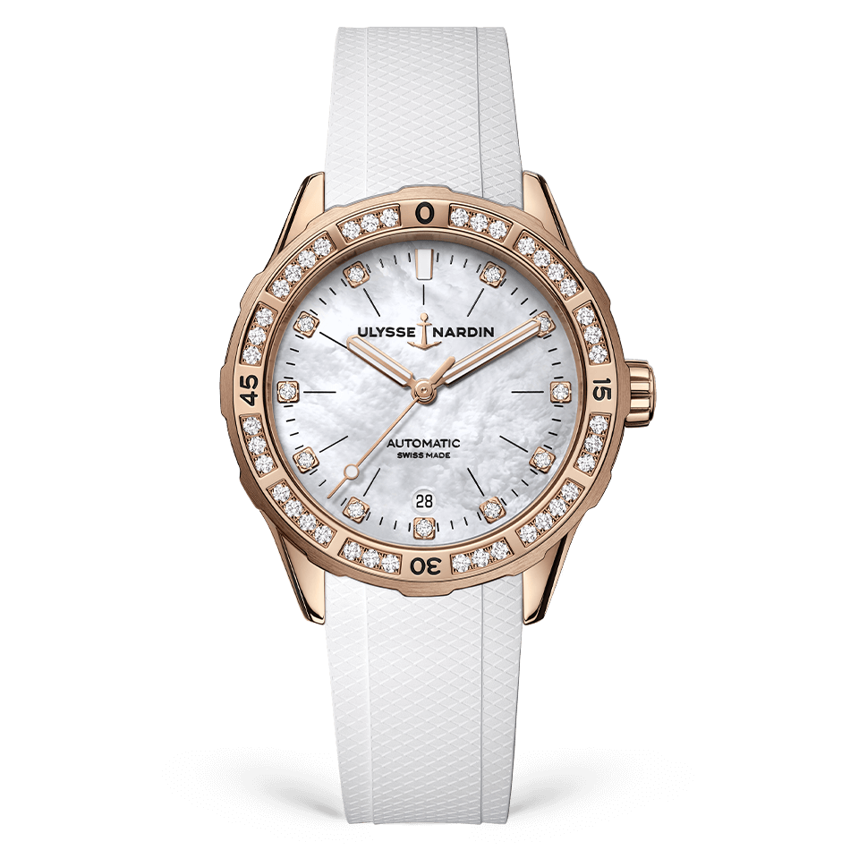 Ulysse Nardin Diver 39 mm White Mother-Of-Pearl Dial with Diamonds Steel /18Kt Rose Gold Rubber Strap 8162-182B1-0A/3A - WATCHXNYC