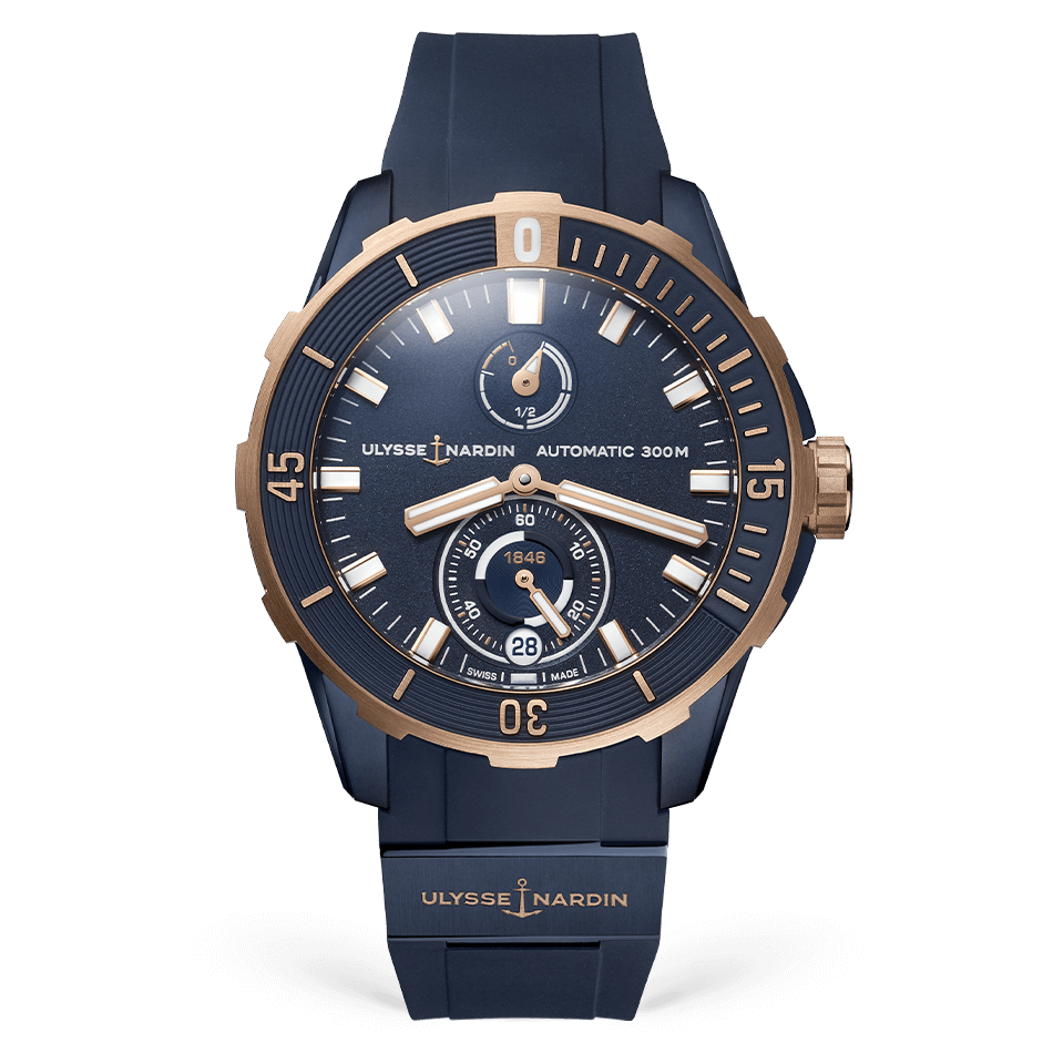 Ulysse Nardin Diver 44 mm Dark Blue Dial Titanium and 18k Rose Gold Rubber Strap 1185-170-3/BLUE - WATCHXNYC