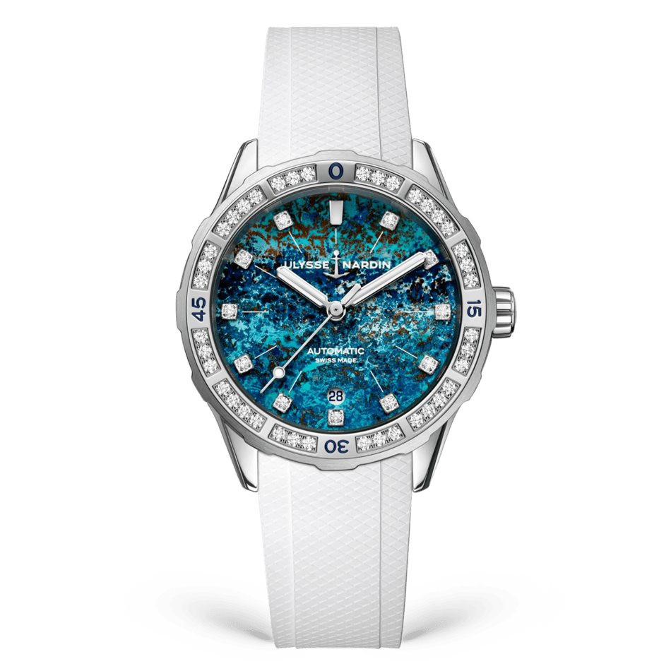 Ulysse Nardin Diver ATOLL 39 mm Blue Dial with Diamonds Stainless Steel Rubber Strap 8163-182B1LE-9A-ATOLL/3A - WATCHXNYC